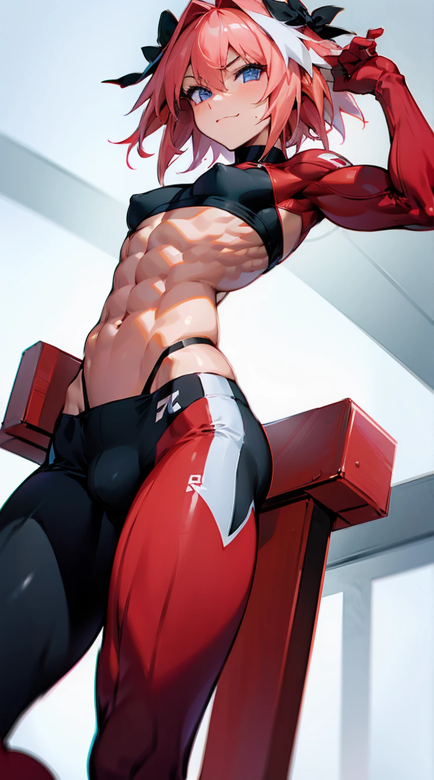 astolfo, six-pack abs, arm muscles, Red sports bra, Red Sports Leggings, Short hair, Gym, perfect abs, six-pack abs, the perfect body,