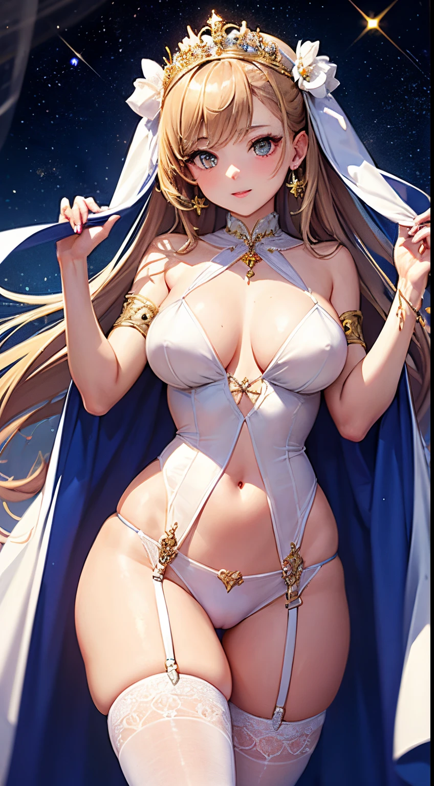 A flawless girl wearing a white tulle moonlight with perfect body proportions,Girls wear precious metal jewelry,moist skin dream background,Goddess in white stockings with starry sky as background