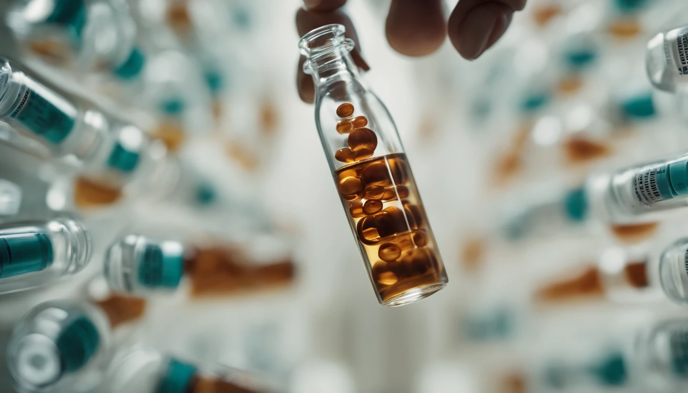 An aesthetic wallpaper featuring a composition of multiple vials of vaccine medicine doses arranged in an organized and visually appealing pattern, with the doctor scientist’s hands gently gripping one of the vials, representing the potential of these life-saving treatments.