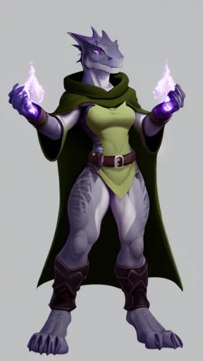 (Lizard), (black), reptile, antro, (wearing tunic), wearing cloak, (wearing cotton pants), high detail, high resolution, raw photo, gray background, cleavage, 1girl, solo, medium breasts, high quality, hi res, sharp, detailed body, detailed, cartoony, ((holding magic)), ((looking at viewer)), (angry), mad, t full body, whole body, ((full body portrait)), far away, (((full body concept))), attack pose, battle pose, average body, slim, weak, thin, skinny, small waist, purple magic, dark magic
