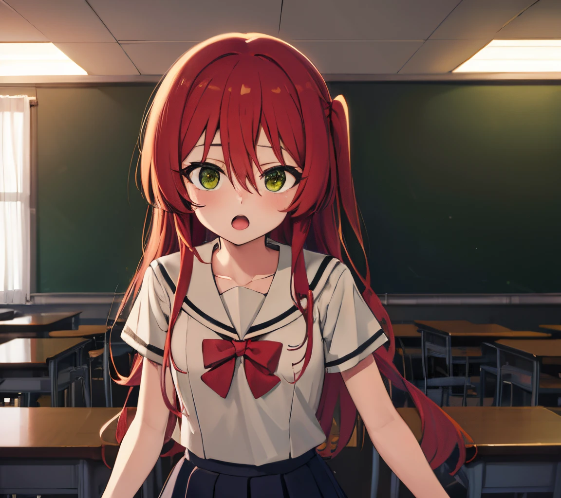 kitaikuyo, ikuyo kita, (green eyes:1.5), hair between eyes, long hair, one side up, red hair, (flat chest:1.2),
BREAK black footwear, black skirt, grey sailor collar, pleated skirt, sailor collar, school uniform, shoes, short sleeves, shuka high school uniform, skirt,,
BREAK looking at viewer,
BREAK indoors, classroom,
BREAK (masterpiece:1.2), best quality, high resolution, unity 8k wallpaper, (illustration:0.8), (beautiful detailed eyes:1.6), extremely detailed face, perfect lighting, extremely detailed CG, (perfect hands, perfect anatomy),up chest.big breasts.Sad face.open mouth.