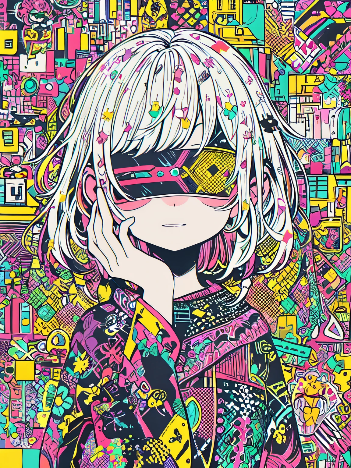 Sharply detailed and colorful digital art BREAK Straight-on view with a focus on the character's face and upper body BREAK Character with white hair, obscured eyes by a patterned blindfold, and a hand gently touching the face, conveying a sense of mystery BREAK A complex, patchwork background of abstract geometric shapes and urban elements in a vibrant, diverse color palette.