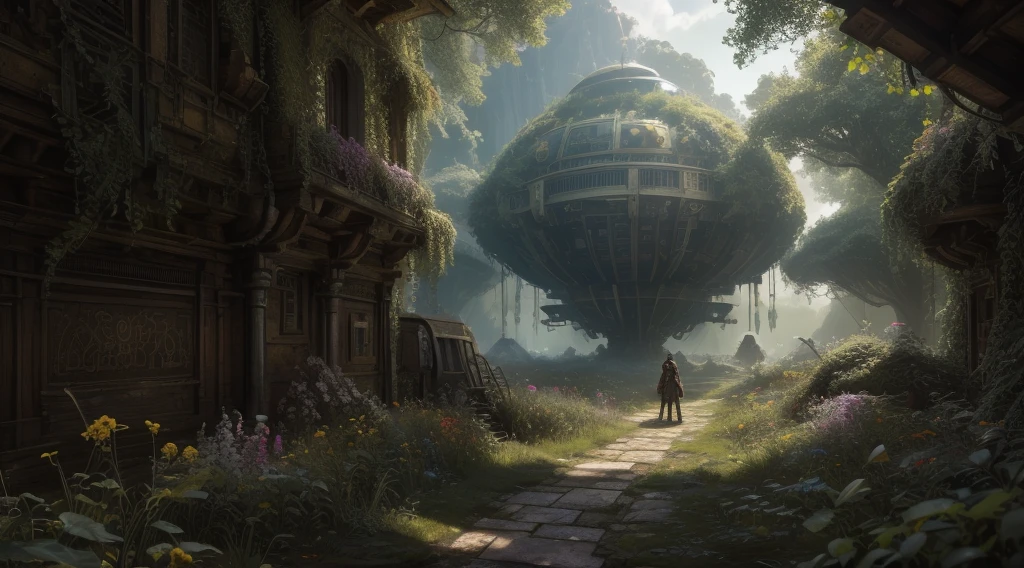 (ultra-detailed,highres),(photorealistic,sci-fi:1.37),landscape,medieval-sci-fi,castle ruins,overgrown with green ivy and moss,giant floating holographic city in the background,airships flying in the sky,steampunk flying cars,mysterious ancient artifacts scattered in the foreground,multiple moons illuminating the scene through the mist,the ground covered in vibrant wild flowers and plants,ethereal glow from the ancient symbols on the castle walls.