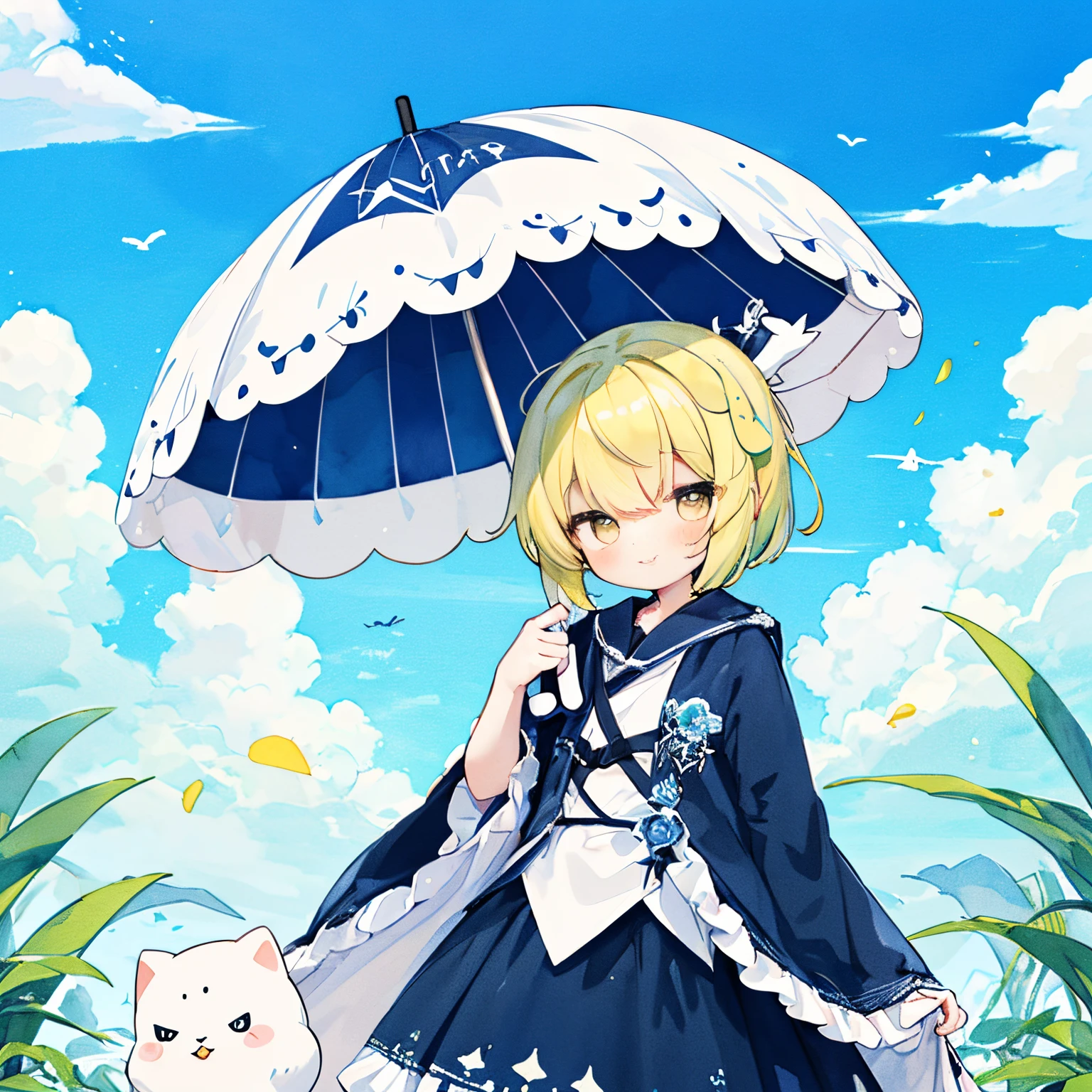 Transparent watercolor、girl with、Jewel Eyes,Beautiful arrangements and motifs、Originality、great depth of field、Spider wearing a cloud-like costume、PastelColors、kawaii、Skysky、Skysky、blue-sky、clouds、Gentle Pose、Female atmosphere、Skysky、Calm、Pastel clouds、Yellow hair、yellow clouds beautiful cloudy clouds、Yellow eyes、short-hair、Happiness、Cute smile、(PastelColors:1.0)、Cute illustration、Best appearance、A cute costume with a cloud costume motif....、a very cute、cloud motif costume、Blue accents、Pill placket、round kaffal、fluffly、bulging skirt part、Lace umbrella、Fashionable umbrella、Umbrella that expands with the wind、game design umbrella、Cute umbrella、Yellow lace