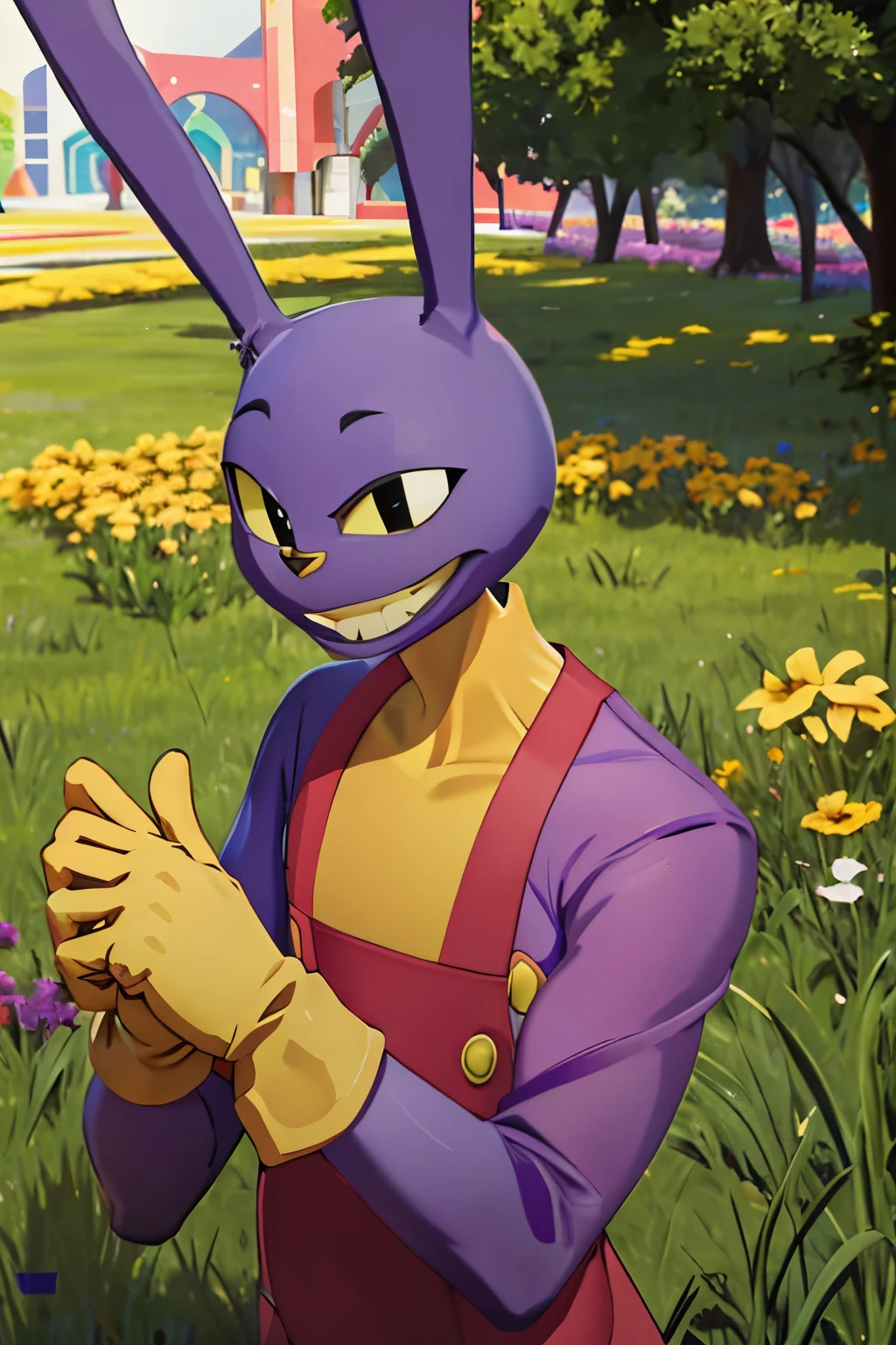 JaxAmazing , grassy outdoors background , evil smile , yellow gloves , ta da pose , bunny man, purple fur , amazing art, completely visible