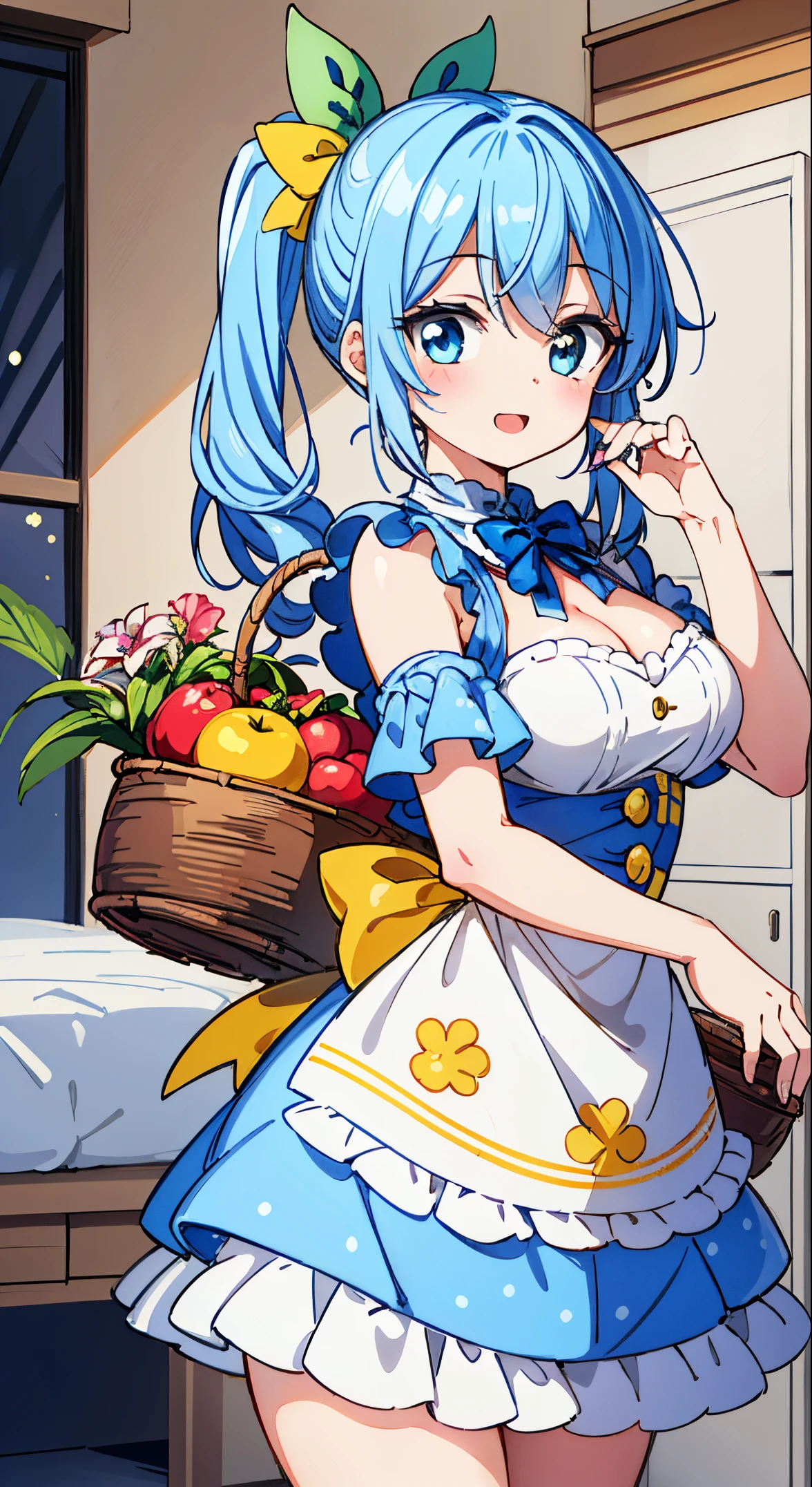 (masutepiece, Transparent air, Transparent eyes,Best Quality, Perfect Anatomy, High quality:1.4), absurderes, absolutely resolution, unbelievable Ridiculous, hight resolution, ultra-detailliert, Official art, Unity 8k壁纸, Kinetic typography,nice hand, Perfect hands, Detailed beautiful hands, Large_filesize, fulcolor, hight resolution, symmetric, exceptional, Best aesthetic, newest, Anime, very beautiful detailed body,The hair,faces,The eye, BREAK,  （17 years old girl),1 person,Solo,(Cute:1.5),(Chibi:0.6),(kawaii:1.5),(Lori:0.5),(17 years old girl),Very detailed,colourfull,highest details,Clear skin,Beautiful skin,Shy,Very detailed,colourfull,highest details,Clear skin,Beautiful skin,Shy skin,1 beautiful girl,{Heterochromia,pale blue eyes,pale green eyes:1.5},star eye silhouette, BREAK,(pale blue hair, Medium length:1.4),(Side Ponytail,A little curly hair,Single-sided twisted blade,Princess Cut:1.3),(cleavage of the breast,Large breasts,Beautiful , gleaming skin,Clear skin, Beautiful skin,

Indoor, (Narrow waist), wide hips, polypropylene,(Happy,Smile:1.3), (((Cute Patchwork Quilt,kawaii room,Embroidery Accessories,)))(((Girly Goods,Cute Quilted Patchwork Toys,bow ribbon,Quilt Patchwork,basket))),

,BREAK,(((to stand))), In the garden, Daylight, Detailed background, The table,Showroom,tee,basket,bottles,butter,flower,a cake,food,hawke,] Knives,fruit,Cute glass teapot,raspberry,Fruit Pound Cake,fruitcake,Fruit tart,apple pie,daisy,veggies,.jar,vases,bottles,Leaves,Lemon cake,Lily_(flower),Apron,Kotaheko Address, (((((head-on))))),Waterfall,depth of fields,

 BREAK,wakame,wakame,wakame,(Cowboy Shot:1.4), 

BREAK,(Blurry background:1.3),(absurderes, hight resolution, Super Detail Art),cel shading,Clear Color, Lonely optical effect, Beautiful pictures, Bright glow, mystic atmosphere,(Close-up of girl:1.1), Mystical light particle effect,manga influence, clean line drawings,