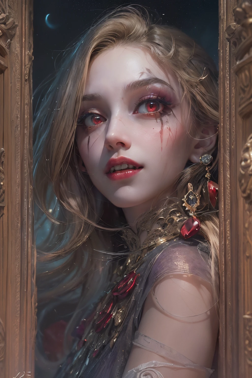 (Award-winning masterpiece, incredibly detailed, textured and maximally detailed), (hyper realistic:1.4), (realistic:1.3), (close-up of upper body:1.5), (top quality realistic textured skin), (5 perfect and beautiful fingers:1.8), (vampire royalty:1.6), (mouth (two thick, long, sharp vampire teeth visible through open-mouthed smiling lips: 1.7), (captivating gaze: 1.9), (beautiful, precise, circle, symmetrical eyes and a beautiful, precise, beautiful face: 1.6), (aesthetic and decadent image: 1.6), (pale but beautiful skin and face: 1.6), (wearing a lot of decadent and delicately crafted accessories: 1.8), (elegant and finely carved medieval rooms and furniture: 1.8), (bioluminescent bright red eyes: 1.7), (depraved beauty: 1.6), (a pair of red eyes with a strong red glow from within: 1.7), (serene red luxurious eyes covering the whole body (old luxurious dress in soothing red covering the whole body is quite damaged, but elegantly and delicately made: 1.8), (elegant and lavishly crafted accessories: 1.8), (little skin exposure: 1.5), (strong moonlight coming from the outside: 1.7), ((dramatic Photo))), ((cinematic light)), (full-length portrait:1.9), (examine), (looking down), (dramatic pose), (smoke effect and bewitching light:1.4), blond hair, wind effect, (purple smoke in the air: 1.3), ruins of old castle, royal crypt, (aged luxurious mansion: 1.8) ((Dark night, Night with full moon, Night with new moon)), Epic realistic, Faded, ((neutral tones)), Art book, (Ticker: 1.5), (Muted colors: 1.2), Hyperdetailed, (Art Station: 1.5), Cinematic, Warm light, Light effect, Dramatic Light, (Elaborate Detail:1.1), Complex Background, (Greg Rutkowski:0.8), (Teal and Orange:0.4)