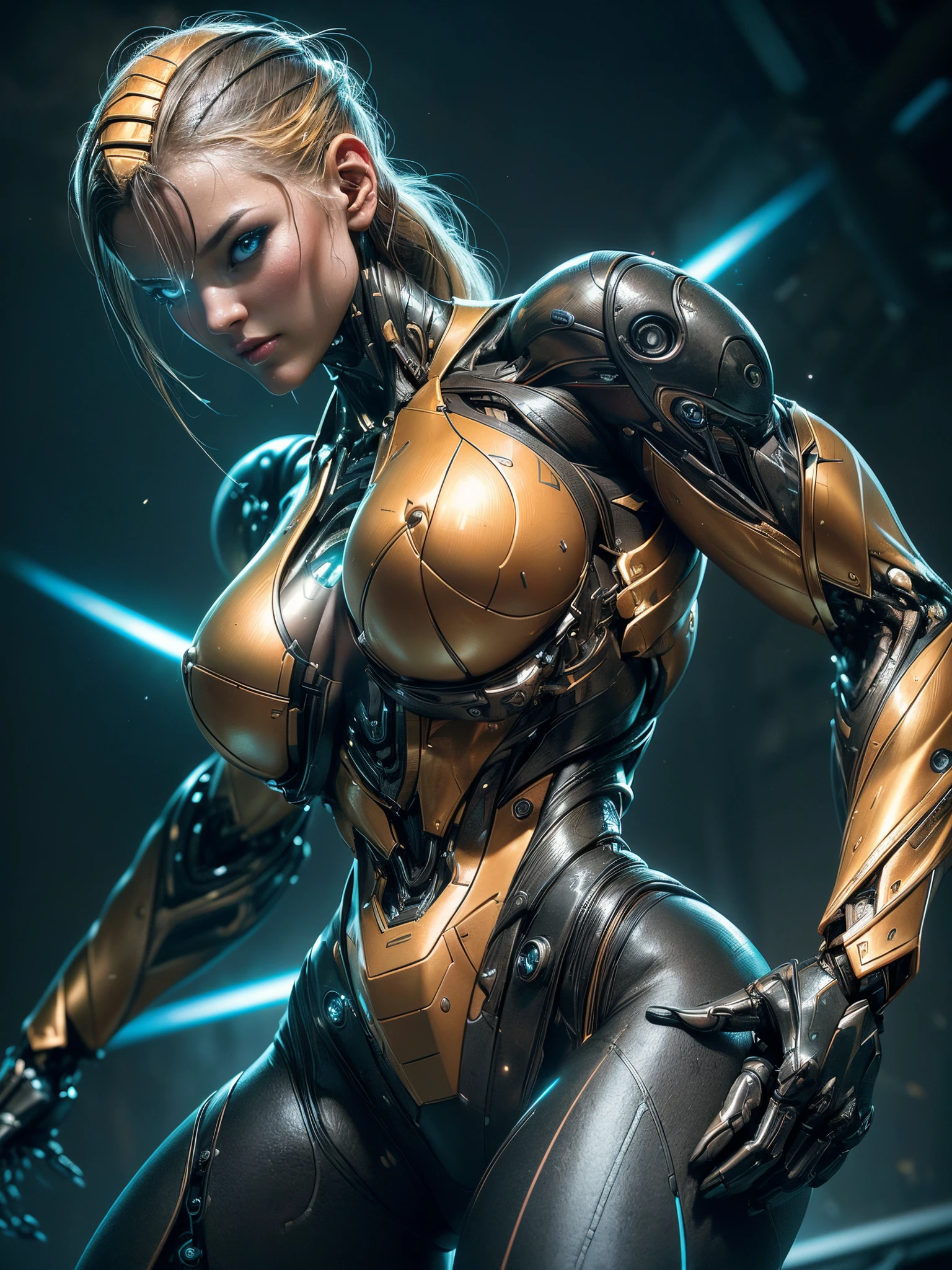 Cinematic, hyper-detailed, and insanely detailed, this artwork captures the essence of a bald hairless muscular female android girl. Beautiful color grading, enhancing the overall cinematic feel. Unreal Engine brings her anatomic cybernetic muscle suit to life, appearing even more mesmerizing. With the use of depth of field (DOF), every detail is focused and accentuated, drawing attention to her eyes and the intricate design of the anatomic cybernetic muscle suit . The image resolution is at its peak, utilizing super-resolution technology to ensure every pixel is perfect. Cinematic lighting enhances her aura, while anti-aliasing techniques like FXAA and TXAA keep the edges smooth and clean. Adding realism to the anatomic cybernetic muscle suit, RTX technology enables ray tracing. Additionally, SSAO (Screen Space Ambient Occlusion) gives depth and realism to the scene, the girl's anatomic cybernetic muscle suit become even more convincing. In the post-processing and post-production stages, tone mapping enhances the colors, creating a captivating visual experience. The integration of CGI (Computer-Generated Imagery) and VFX (Visual Effect brings out the anatomic cybernetic muscle suit's intricate features in a seamless manner. SFX (Sound Effects) complement the visual artistry, immersing the viewer further into this fantastic world. The level of detail is awe-inspiring, with intricate elements meticulously crafted, the artwork hyper maximalist and hyper-realistic. Volumetric effects add depth and dimension, and the photorealism is unparalleled. The image is rendered in 8K resolution, ensuring super-detailed visuals. The volumetric lightning adds a touch of magic, highlighting her beauty and the aura of her anatomic cybernetic muscle suit in an otherworldly way. High Dynamic Range (HDR) technology makes the colors pop, adding richness to the overall composition. Ultimately, this artwork presents an unreal portrayal of a super muscled cybernetic female android