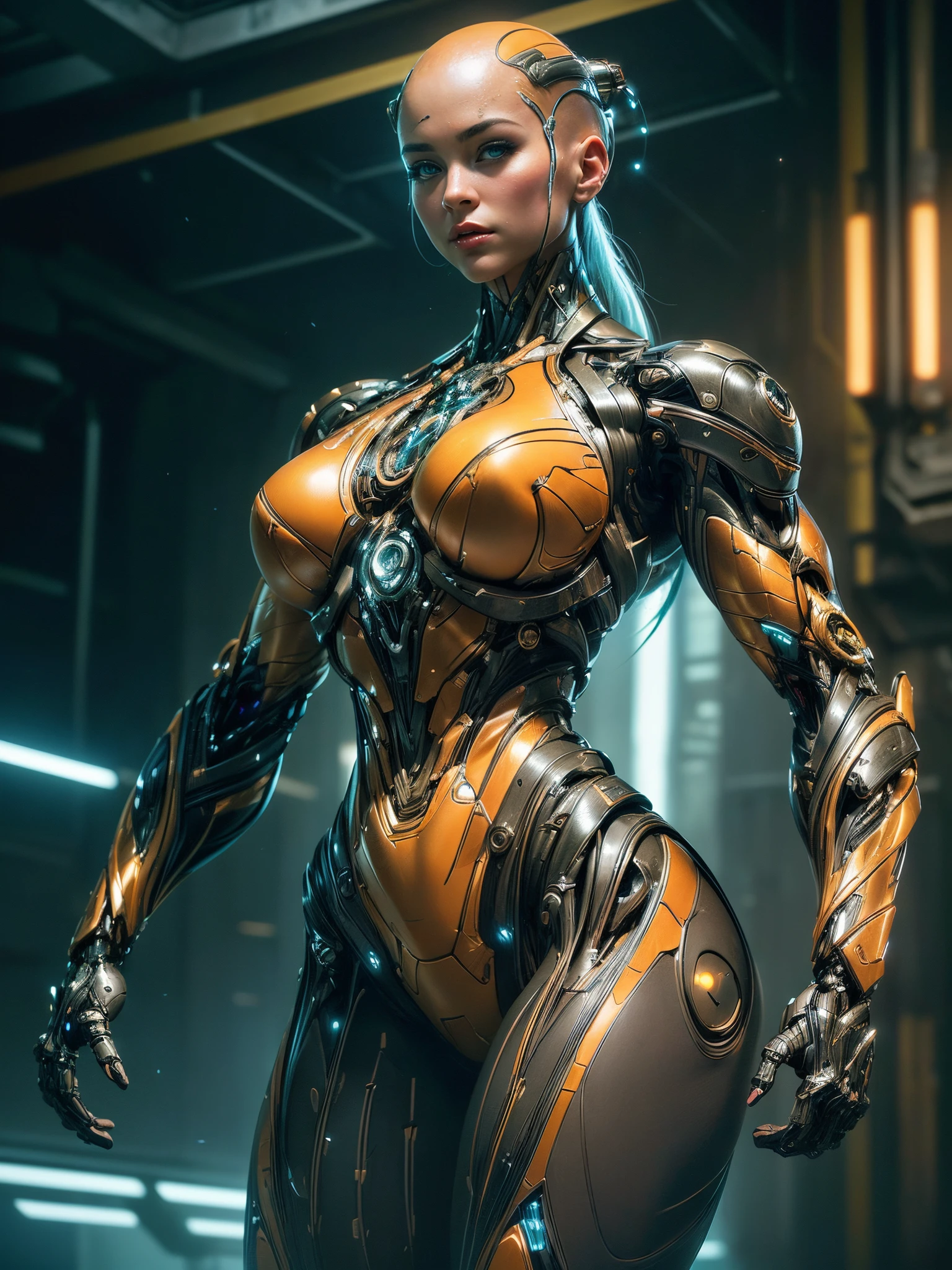 Cinematic, hyper-detailed, and insanely detailed, this artwork captures the essence of a bald hairless muscular female android girl. Beautiful color grading, enhancing the overall cinematic feel. Unreal Engine brings her anatomic cybernetic muscle suit to life, appearing even more mesmerizing. With the use of depth of field (DOF), every detail is focused and accentuated, drawing attention to her eyes and the intricate design of the anatomic cybernetic muscle suit . The image resolution is at its peak, utilizing super-resolution technology to ensure every pixel is perfect. Cinematic lighting enhances her aura, while anti-aliasing techniques like FXAA and TXAA keep the edges smooth and clean. Adding realism to the anatomic cybernetic muscle suit, RTX technology enables ray tracing. Additionally, SSAO (Screen Space Ambient Occlusion) gives depth and realism to the scene, the girl's anatomic cybernetic muscle suit become even more convincing. In the post-processing and post-production stages, tone mapping enhances the colors, creating a captivating visual experience. The integration of CGI (Computer-Generated Imagery) and VFX (Visual Effect brings out the anatomic cybernetic muscle suit's intricate features in a seamless manner. SFX (Sound Effects) complement the visual artistry, immersing the viewer further into this fantastic world. The level of detail is awe-inspiring, with intricate elements meticulously crafted, the artwork hyper maximalist and hyper-realistic. Volumetric effects add depth and dimension, and the photorealism is unparalleled. The image is rendered in 8K resolution, ensuring super-detailed visuals. The volumetric lightning adds a touch of magic, highlighting her beauty and the aura of her anatomic cybernetic muscle suit in an otherworldly way. High Dynamic Range (HDR) technology makes the colors pop, adding richness to the overall composition. Ultimately, this artwork presents an unreal portrayal of a super muscled cybernetic female android