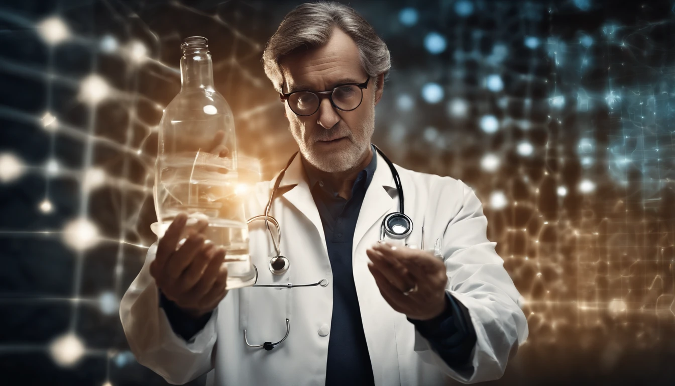 An artistic representation of the doctor scientist holding a vaccine medicine dose, with a backdrop of abstract scientific formulas and symbols, evoking the complexity and innovation behind the development of vaccines.