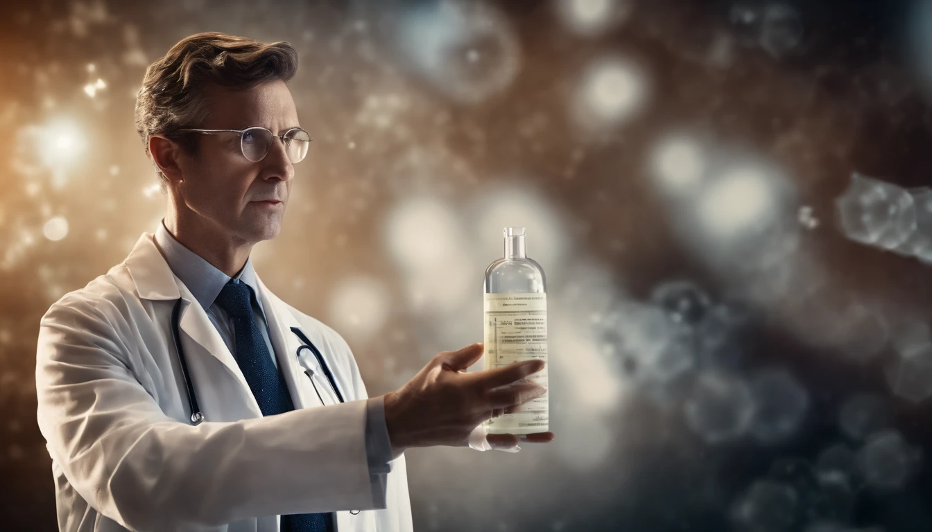 An artistic representation of the doctor scientist holding a vaccine medicine dose, with a backdrop of abstract scientific formulas and symbols, evoking the complexity and innovation behind the development of vaccines.