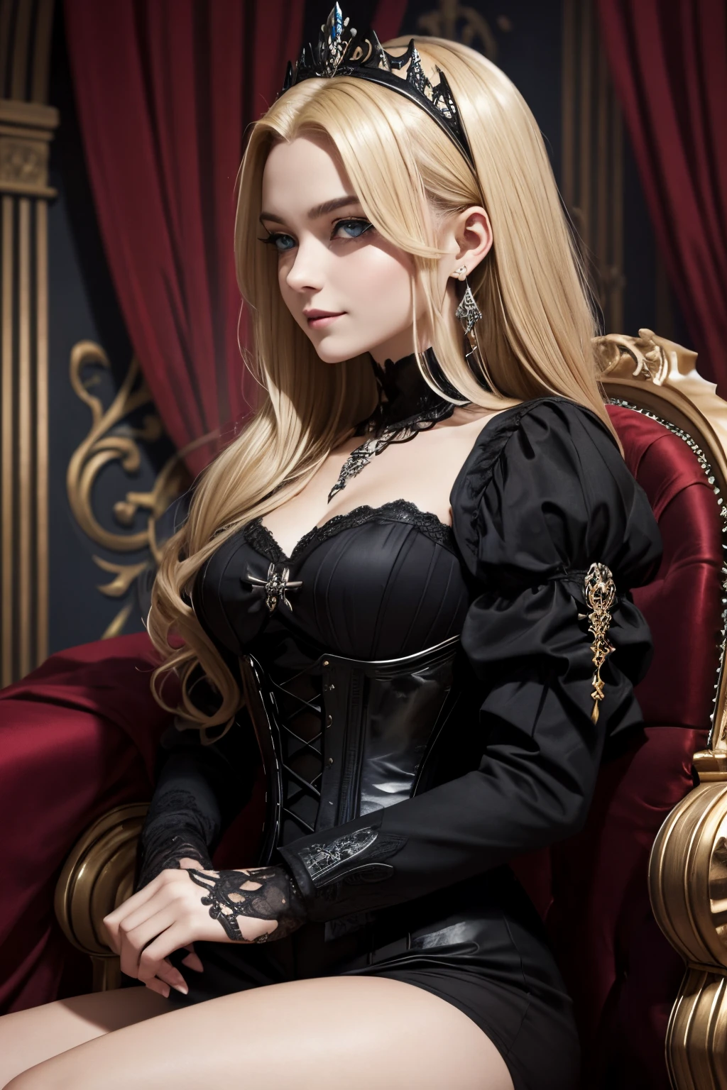 RAW Photos,black light, hair blonde, blonder woman, dark surroundings, Dark masterpiece, mulher fair brown-skinned, SITTING ON A THRONE, throne with thorns, black roses, woman in black dress, posing photo, long hair, hair blonde, black witchcraft, red geometric shiny background, full body size, Eastern fantasy theme, Eyes red, underworld, cold stare, Dark clothes, long and tight, fair brown-skinned, color classification, dark illustration, extreme quality, Radiant, extremely detaild, Face ultra detailed, ultra hd 8k, ultradigitality, mythical, black lightning, Conceital Art Portrait of Greg Rutkowski, artgerm, hyperdetailed, intricately detailed Gothic art, dark gothic fantasy style, triadic colors, Fantastic, intricate-detail, opening screen, colors complementary, fantasy concept art, 8K resolution, masterpiece of gothic deviantart, Heavy strokes, soft lighting, Surrealism