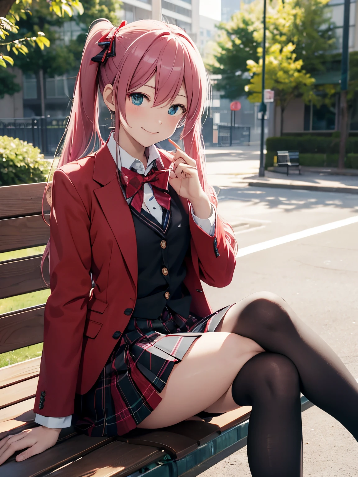 miku hatsune,masutepiece, Best Quality, hight resolution, red bow tie, Collared shirt, Red Blazer, Red jacket, Long sleeves, Plaid skirt, Pleated skirt, Black socks, Sitting, Benches, crossed legs, Outdoors, Serious,look into my eyes and smile
