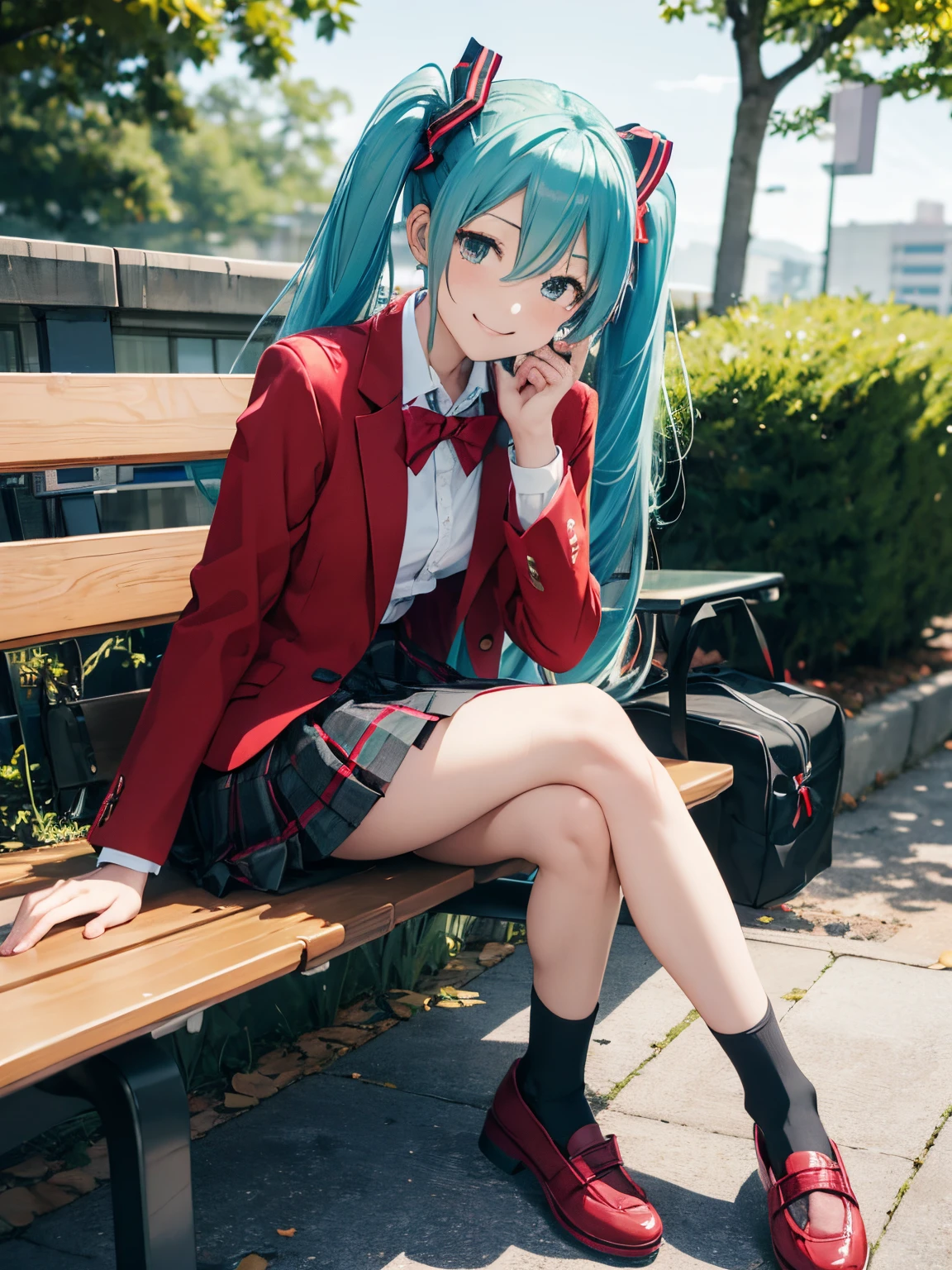 miku hatsune,masutepiece, Best Quality, hight resolution, red bow tie, Collared shirt, Red Blazer, Red jacket, Long sleeves, Plaid skirt, Pleated skirt, Black socks, Sitting, Benches, crossed legs, Outdoors, Serious,look into my eyes and smile
