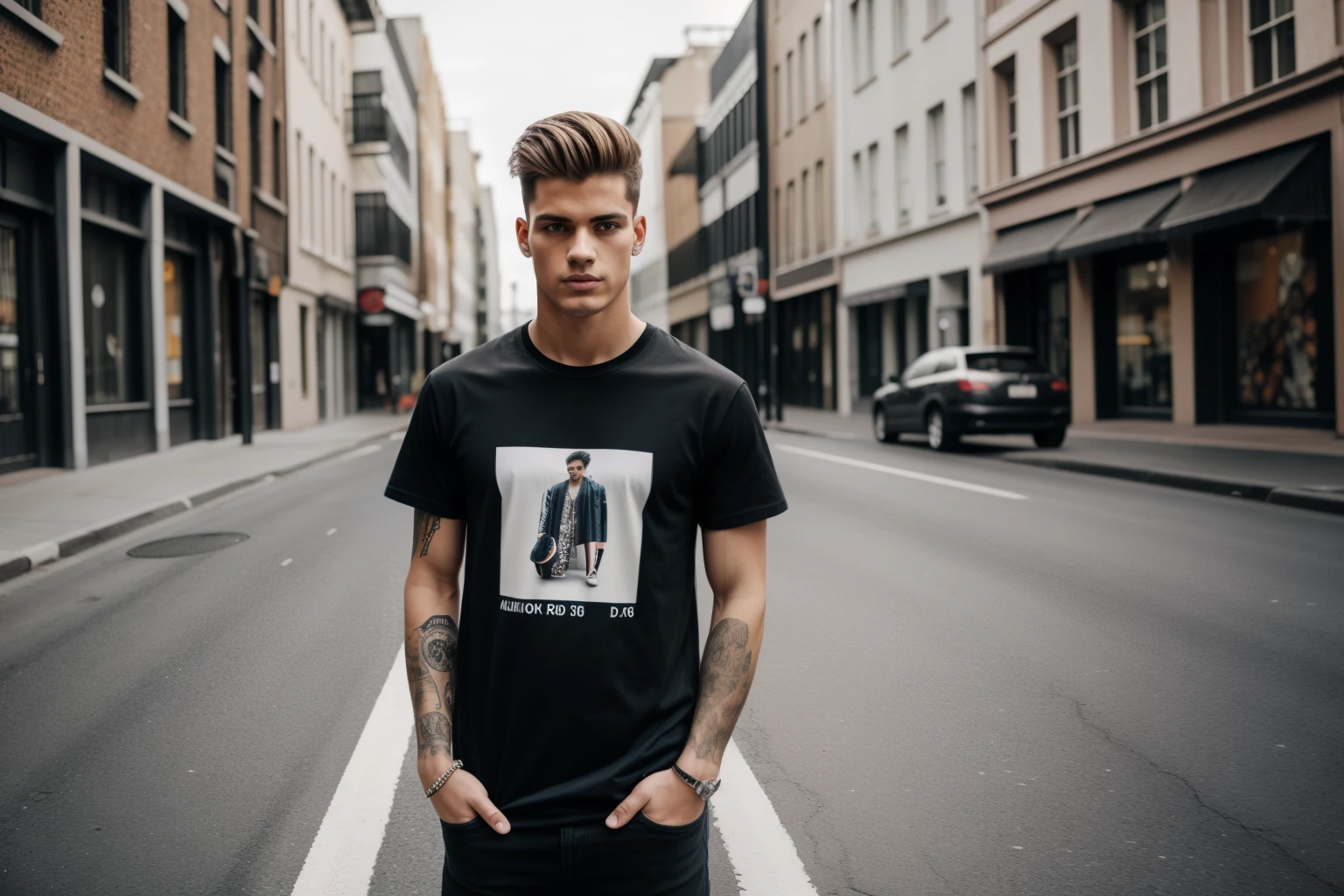A full-body confident 22-years old male model in a t-shirt poising on a street, medium: photo hyper-realism, style: edgy street fashion meets contemporary art, lighting: dramatic contrast with a mix of artificial and natural light, colored and gritty with a focus on the textures of the t-shirt and street, composition: Nikon D850, AF-S NIKKOR 50mm f/1.8G lens, Resolution 45.7 megapixels, ISO sensitivity: 200, Shutter speed 1/125 second, close-up shot with a focus on the full body, street art as a backdrop --ar 16:9 --v 5.1 --style raw --q 2 --s 750