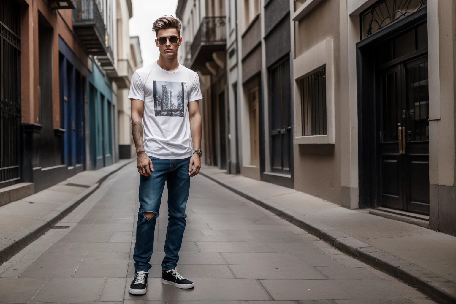 A full-body confident 22-years old male model in a t-shirt poising on a street, medium: photo hyper-realism, style: edgy street fashion meets contemporary art, lighting: dramatic contrast with a mix of artificial and natural light, colored and gritty with a focus on the textures of the t-shirt and street, composition: Nikon D850, AF-S NIKKOR 50mm f/1.8G lens, Resolution 45.7 megapixels, ISO sensitivity: 200, Shutter speed 1/125 second, close-up shot with a focus on the full body, street art as a backdrop --ar 16:9 --v 5.1 --style raw --q 2 --s 750