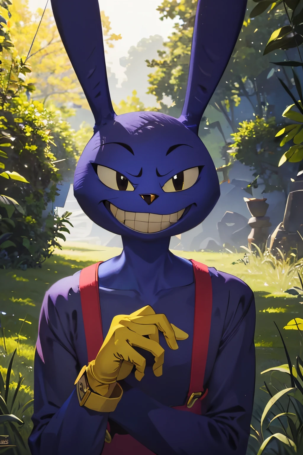 JaxAmazing, grassy outdoors background, evil smile, yellow gloves, ta da pose, bunny man, purple fur, amazing art, completely visible, (best quality:1.2), ultra-detailed, photorealistic, portraits, vivid colors, sharp focus, professional, concept artists, vibrant tones, natural lighting