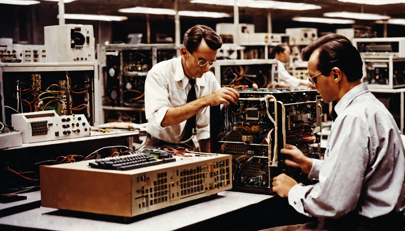 vintage color photograph of a group of engineers in their mid-thirties creating and building the very first computer. background is indoors of a lab with papers containing designs, machine parts, electrical tools and equipment all around the men. Cinematic lighting, perfect textures and reflections
