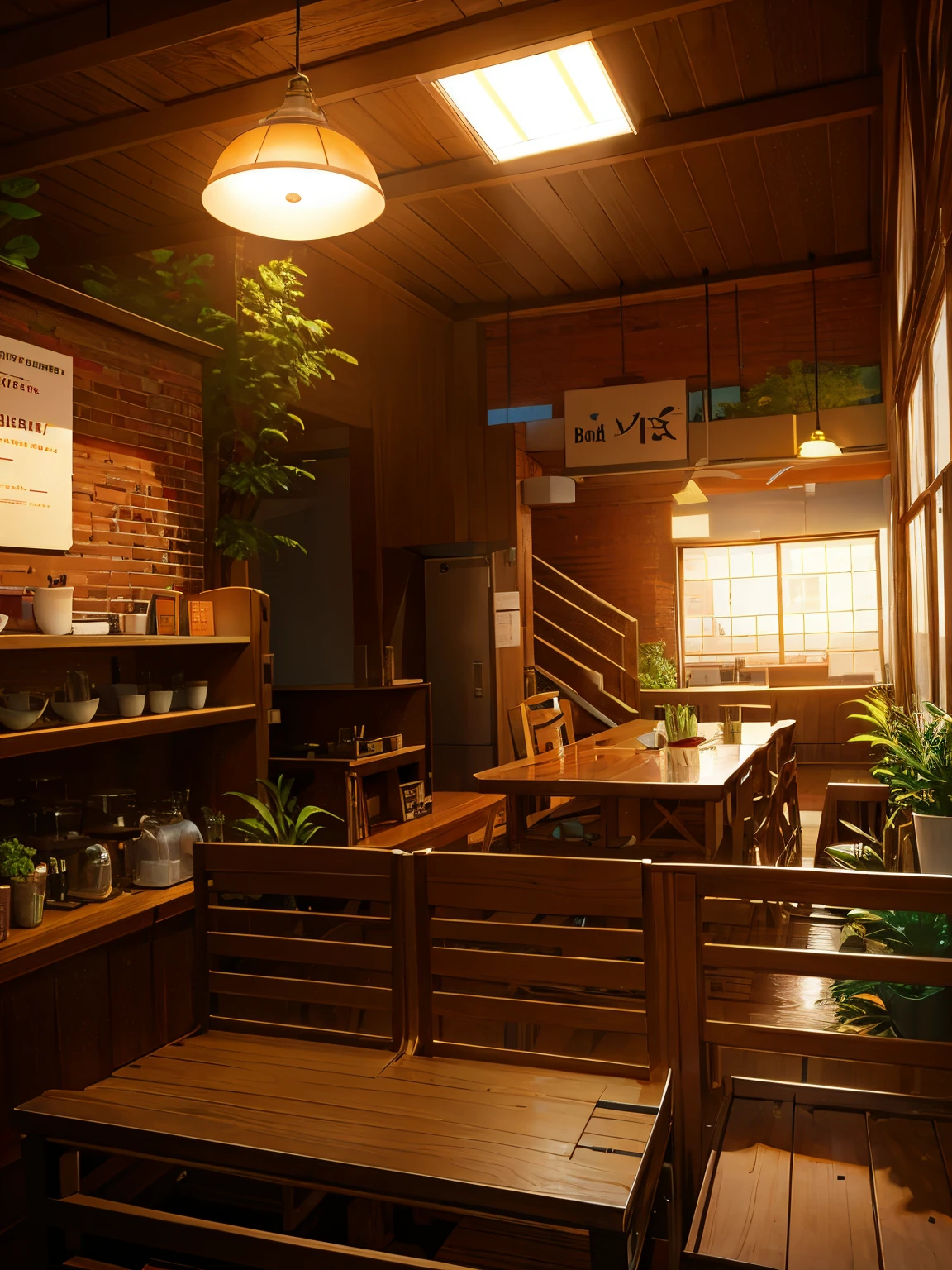 there is a wooden bench in a room with a window, inside view, interior view, coffee shop, 2 5 6 x 2 5 6, 256x256, photo for a store, patiphan sottiwilaiphong, cafe interior, interior, inside the building, office/thrift store/social hall, cafe