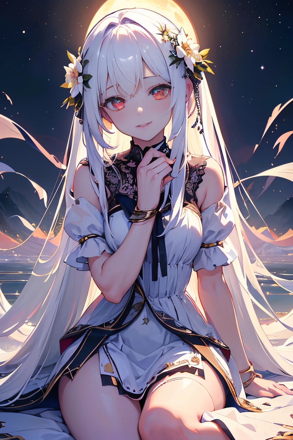 highres, highest quallity, cinematic light, ultra detailed, detailed face, (detailed eyeest quality, hyper detailed, masterpiece, (detailed face),1girl, girl, white hair, red eyes, highest details, luminous eyes, high breats, sitting,lake outside, full moon, backlighting, light rays, (high contrast), (colorful),Voluptious body, Good anatomy,iintricate,long hair,in spring,night,Alps,flowers meadows,hyper_galaxy,starry_sky,cloud,no_wings,bishoujo,fair_skin,light_blush,slit_pupils,slender_waistseductive_smile,absurdres,