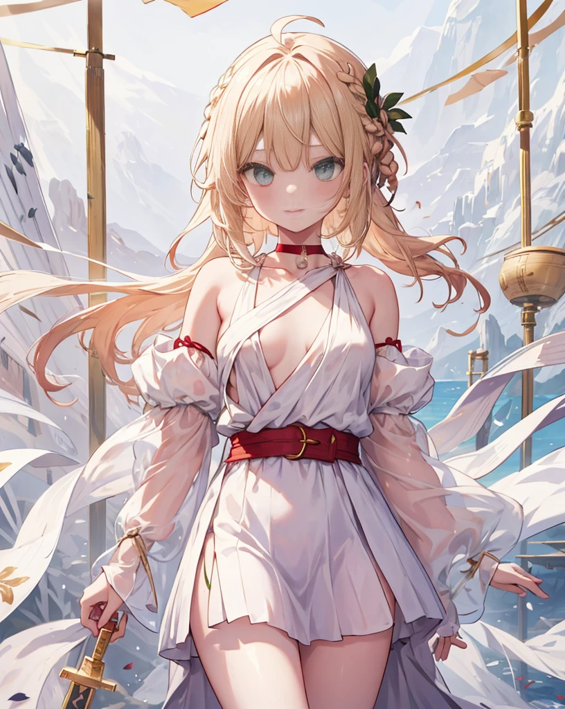 Greek clothes, peplos, 1个Giant Breast Girl, ,Blonde hair, ahoge, green-eyed, florals, hair intakes, looking at viewert, , Alone, rosette, jewely, By bangs, hand on hips, ribbons, upper legs, 鎖骨, white backgrounid, ssmile, separated sleeves, woven, shairband, The sword, french braid, Small thighs, Chopping,  Background with, Red Belt, 耳Nipple Ring, longer sleeves, red rose, beak, Be red in the face, long whitr hair, choker necklace