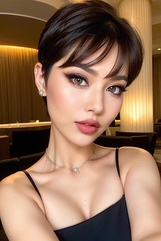 woman posing for a photo, (wearing black mini_dress) pixie cut, glam makeup, good hand,4k, high-res, masterpiece, best quality, head:1.3,((Hasselblad photography)), finely detailed skin, sharp focus, (cinematic lighting), collarbone, night, soft lighting, dynamic angle, [:(detailed face:1.2):0.2],(((5 stars hotel))), outside,