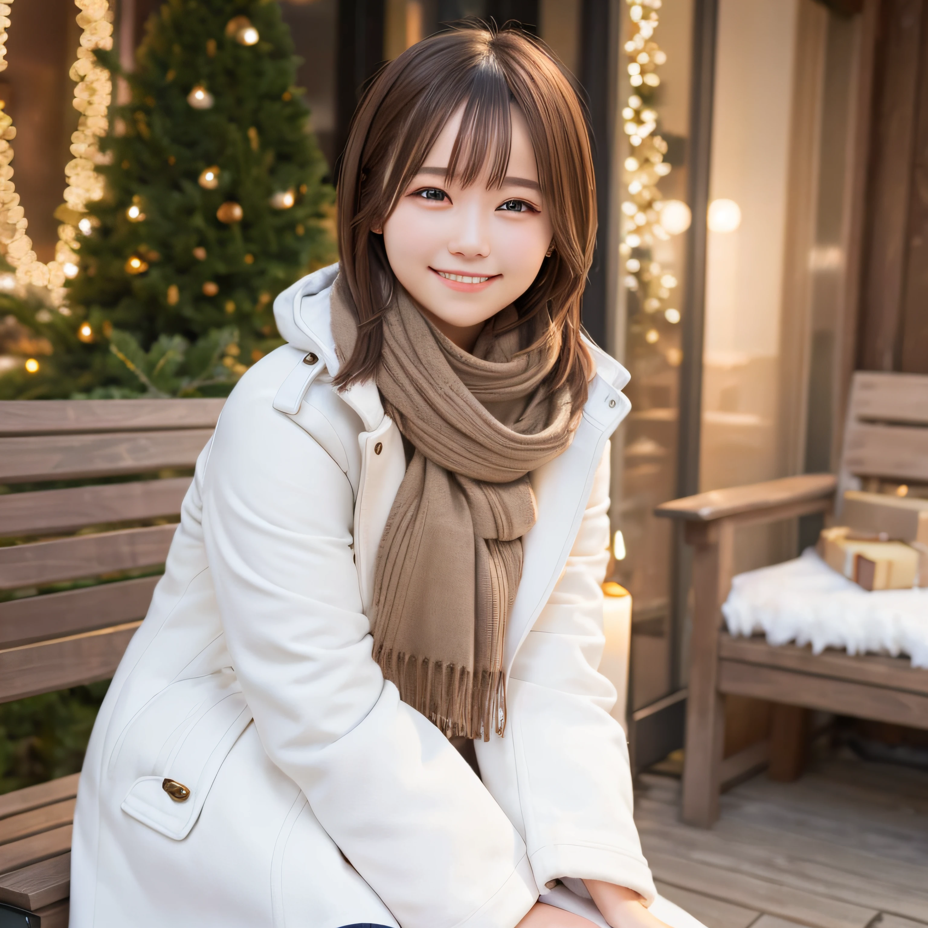 illumination, Benches, Sitting, Above the knee, Christmas, plein air, white longcoat, Smile, Brown hair, Shoulder length, scarf