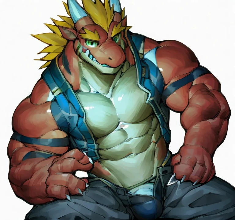 delga, solo, anthro, male, clothing, muscular, muscular male, muscular anthro, abs, hi res, pecs, sweat, shirt, horn, topwear, clothed, scalie, bottomwear, pants, underwear, blonde hair, biceps, green eyes, open bottomwear, open pants, looking at viewer, bulge, by canyne khai,by milkytiger1145,by takemoto arashi,by null-ghost,