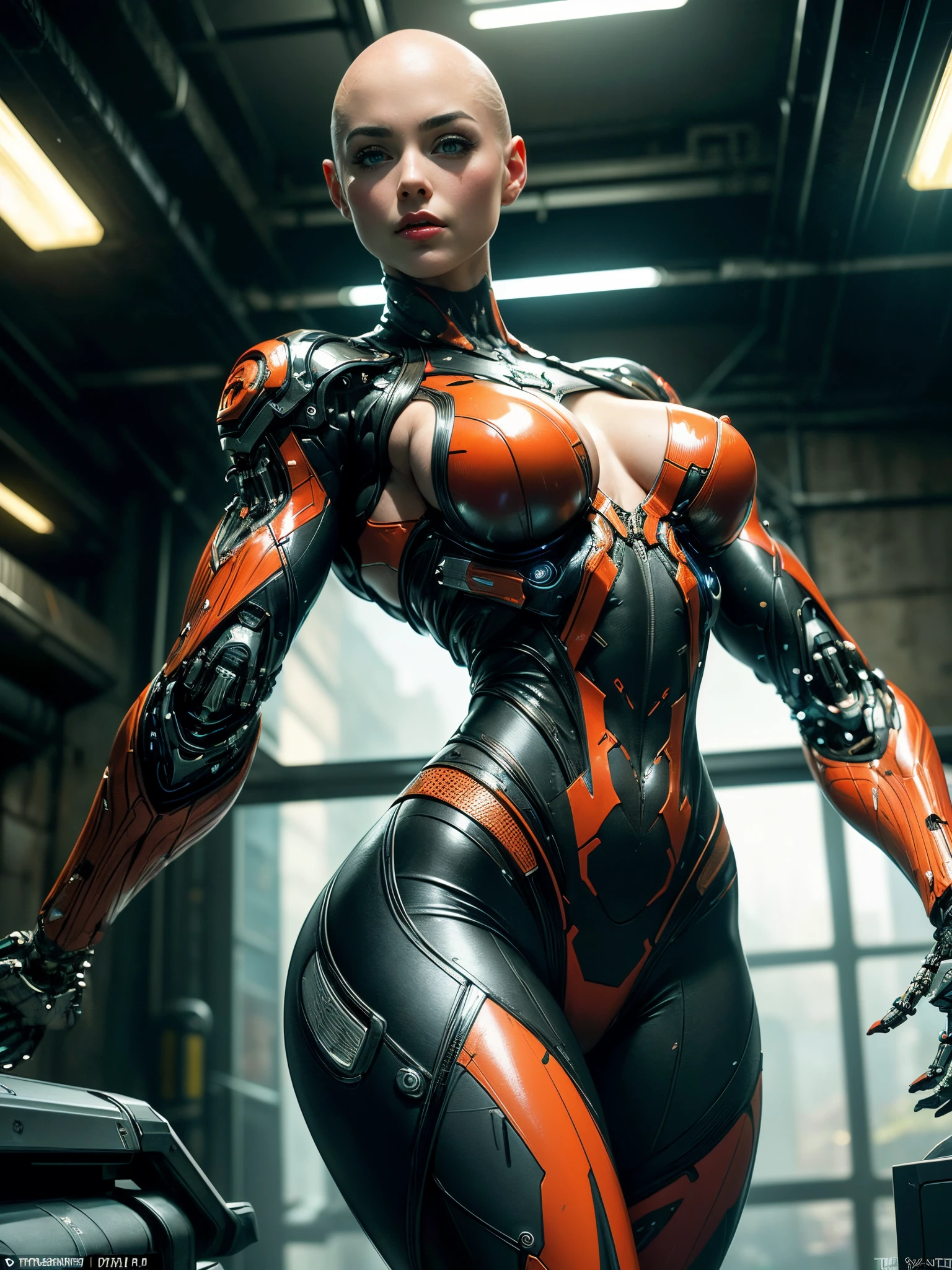 Cinematic, hyper-detailed, and insanely detailed, this artwork captures the essence of a bald hairless muscular female android girl. Beautiful color grading, enhancing the overall cinematic feel. Unreal Engine brings her anatomic cybernetic muscle suit to life, appearing even more mesmerizing. With the use of depth of field (DOF), every detail is focused and accentuated, drawing attention to her eyes and the intricate design of the anatomic cybernetic muscle suit . The image resolution is at its peak, utilizing super-resolution technology to ensure every pixel is perfect. Cinematic lighting enhances her aura, while anti-aliasing techniques like FXAA and TXAA keep the edges smooth and clean. Adding realism to the anatomic cybernetic muscle suit, RTX technology enables ray tracing. Additionally, SSAO (Screen Space Ambient Occlusion) gives depth and realism to the scene, the girl's anatomic cybernetic muscle suit become even more convincing. In the post-processing and post-production stages, tone mapping enhances the colors, creating a captivating visual experience. The integration of CGI (Computer-Generated Imagery) and VFX (Visual Effect brings out the anatomic cybernetic muscle suit's intricate features in a seamless manner. SFX (Sound Effects) complement the visual artistry, immersing the viewer further into this fantastic world. The level of detail is awe-inspiring, with intricate elements meticulously crafted, the artwork hyper maximalist and hyper-realistic. Volumetric effects add depth and dimension, and the photorealism is unparalleled. The image is rendered in 8K resolution, ensuring super-detailed visuals. The volumetric lightning adds a touch of magic, highlighting her beauty and the aura of her anatomic cybernetic muscle suit in an otherworldly way. High Dynamic Range (HDR) technology makes the colors pop, adding richness to the overall composition. Ultimately, this artwork presents an unreal portrayal of a super muscled cybernetic female android