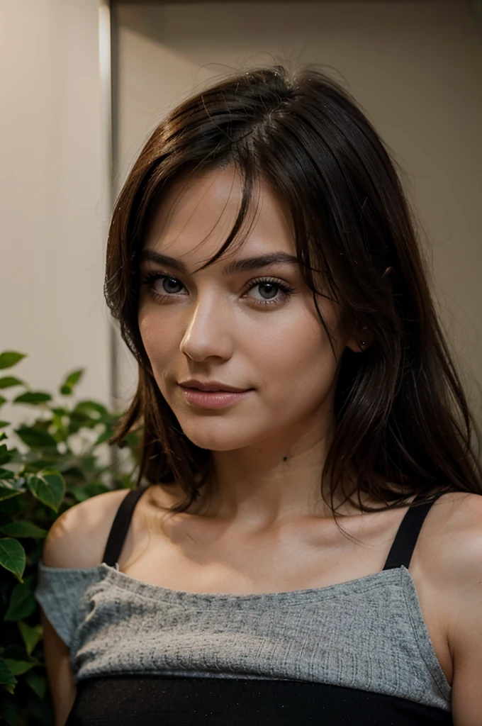 Elle s'appelle MIA , 23 ans, brune, belle, Frenchwoman, 1,68 meters, yeux vairons, yeux verts et bleus, coupe de cheveux carré, souriante, ultra realist, sparkling, chipie, beautiful woman, sexy, Selfie, portrait, peau parfaite, dressed in black