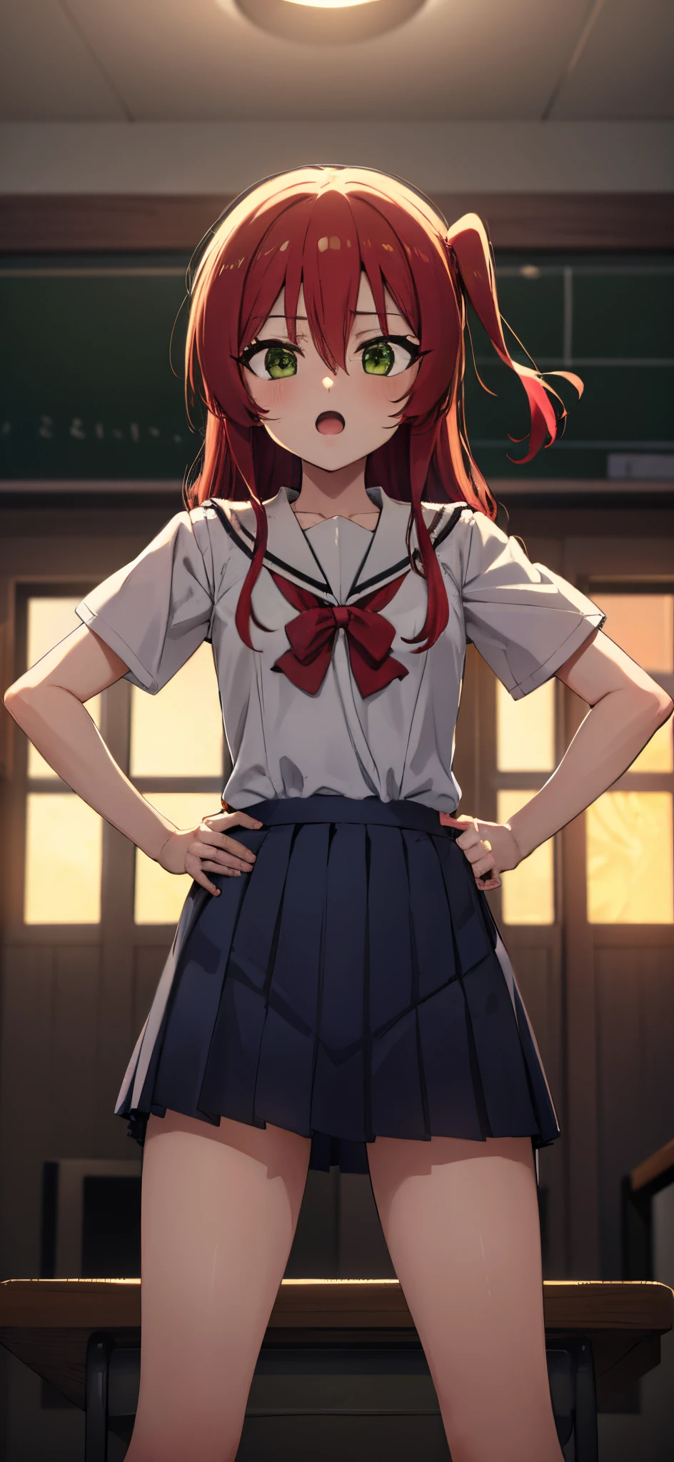 kitaikuyo, ikuyo kita, (green eyes:1.5), hair between eyes, long hair, one side up, red hair, (flat chest:1.2),
BREAK black footwear, black skirt, grey sailor collar, pleated skirt, sailor collar, school uniform, shoes, short sleeves, shuka high school uniform, skirt,,
BREAK looking at viewer,
BREAK indoors, classroom,
BREAK (masterpiece:1.2), best quality, high resolution, unity 8k wallpaper, (illustration:0.8), (beautiful detailed eyes:1.6), extremely detailed face, perfect lighting, extremely detailed CG, (perfect hands, perfect anatomy),up chest.big breasts.Sad face.open mouth.put hands on the hip