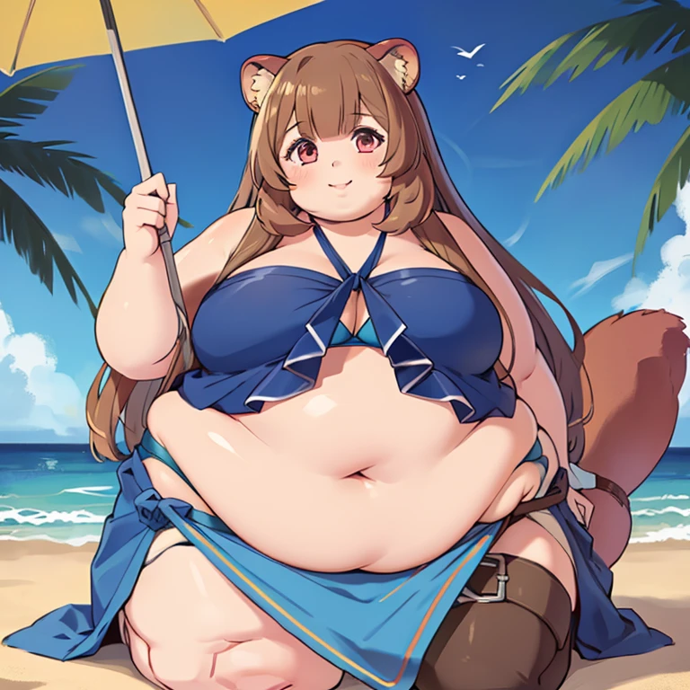 (masterpiece, best quality:1.2), cowboy shot, solo, 1girl, obese raphtalia,obese body, smile, looking at viewer, wariza, hair flower, blue bikini, blue sarong, raccoon tail, night, beach