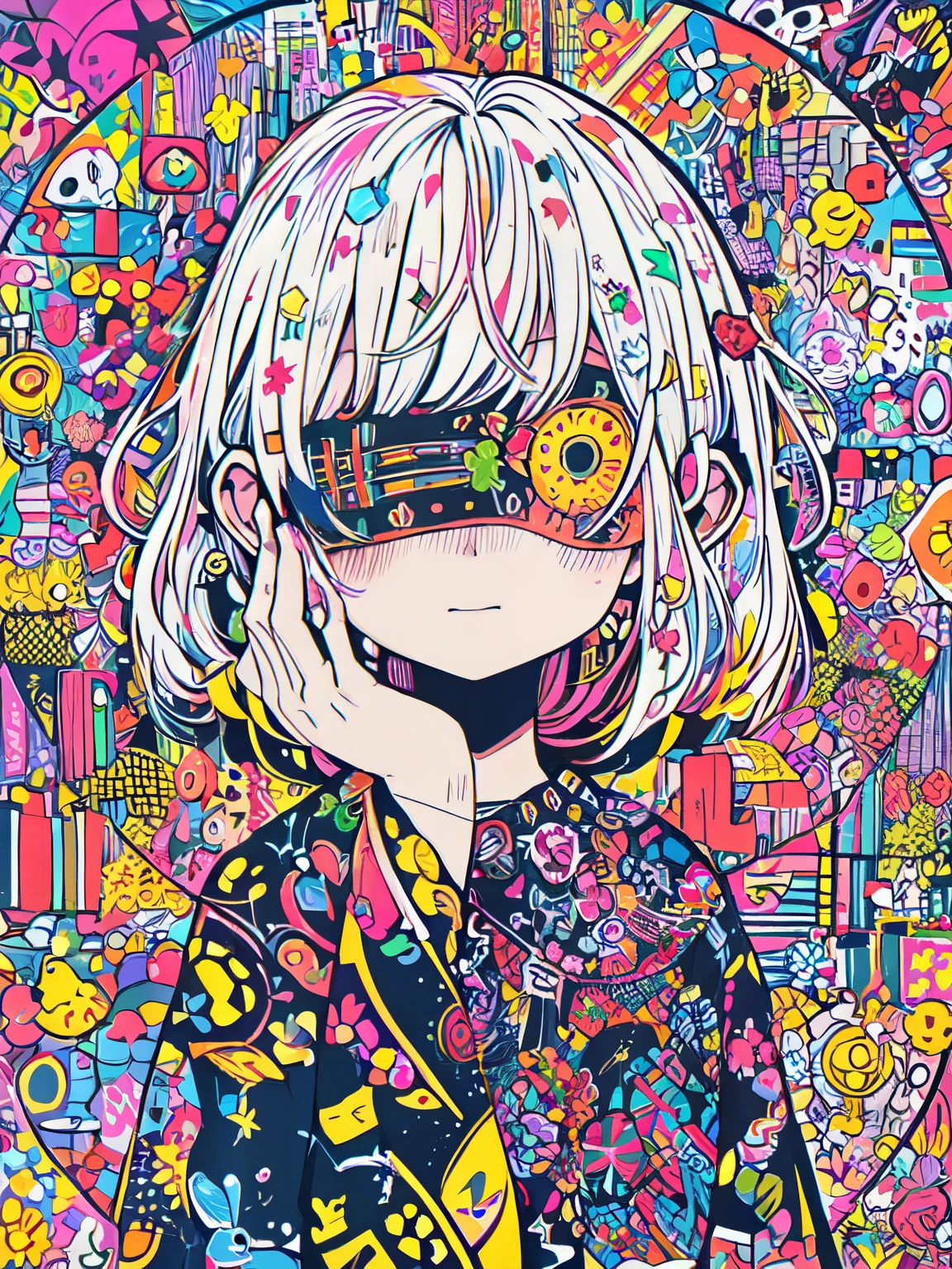 Sharply detailed and colorful digital art BREAK Straight-on view with a focus on the character's face and upper body BREAK Character with white hair, obscured eyes by a patterned blindfold, and a hand gently touching the face, conveying a sense of mystery BREAK A complex, patchwork background of abstract geometric shapes and urban elements in a vibrant, diverse color palette.