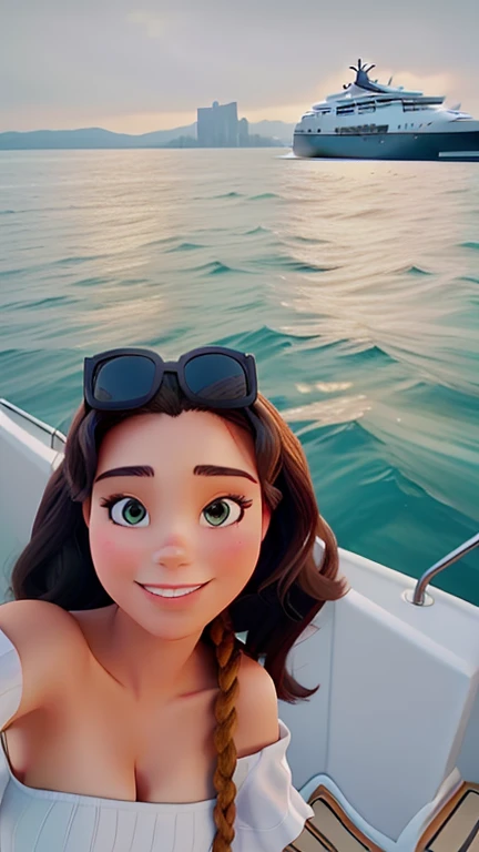 there is a woman taking a selfie on a boat with a large ship in the background, on a boat, on a yacht at sea, on a boat on a lake, on the ocean, on the ocean water, on the sea, on a super yacht, relaxing on a yacht at sea, lady kima, on the bow, night setting