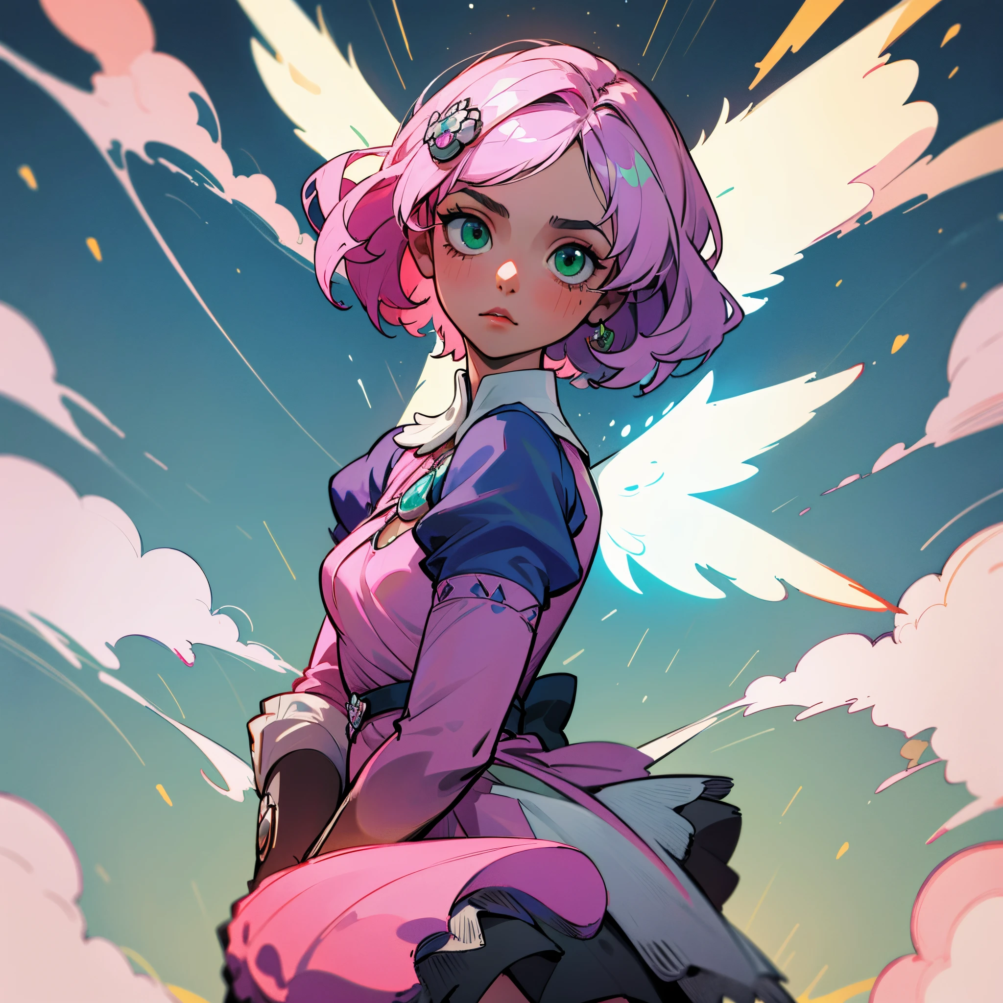 Alisa bosconovitch, melhor qualidade, contemporary, estilo plano, minimalismo, Green Eyes Flat Illustration, cabelo rosa, cabelo curto, cabelos multicoloridos, Camisa Preta, mechanical wings, Head Portrait Close-U, peito pontudo, decote, super decote, middlebreasts, Tekken，cabelo rosa pastel, 1girl, em quimono, hand-painted，Desenho de linha sem cor, colorida do yandere pastel, Tekken, com roupa de empregada，figura esbelta，robusto，He sat on the floor，Vestido com roupas de empregada rosa e branco，cabelos muito curtos，com orelhas de gato，quadratic element，, kawaii cor-de-rosa na roupa da era de 1910, Alisa Bosconovich pink lips, no estilo da paleta de cores suave aurorapunk, an anime illustration of his face, gifs animados, hand drawn animation, charming sketches, suave e brilhante, romantismo nebuloso, Estilo Superflat, fundo branco - ar 1:1 - niji 5 - estilo expressivo --s 50