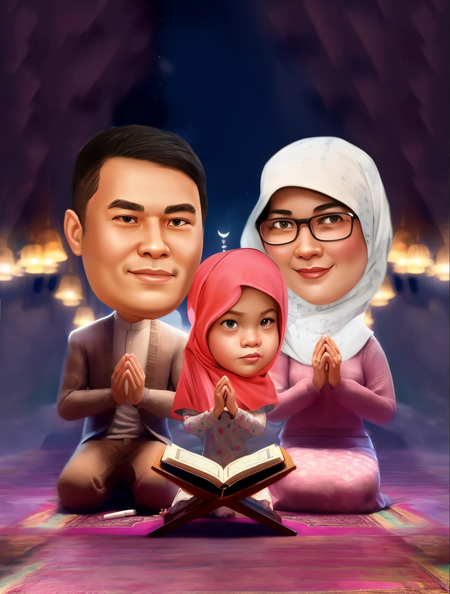 cartoon of a man and woman sitting on a mosque Reciting Al-Qur'an with a child, caricature illustration, happy family, an indonesian family portrait, family, full protrait, potrait, cartoon digital painting, cartoon style illustration, digital cartoon painting art, caricature style, indonesian muslim family, cartoon artstyle, family portrait, caricature, cartoon digital art, digital art cartoon, classic portrait