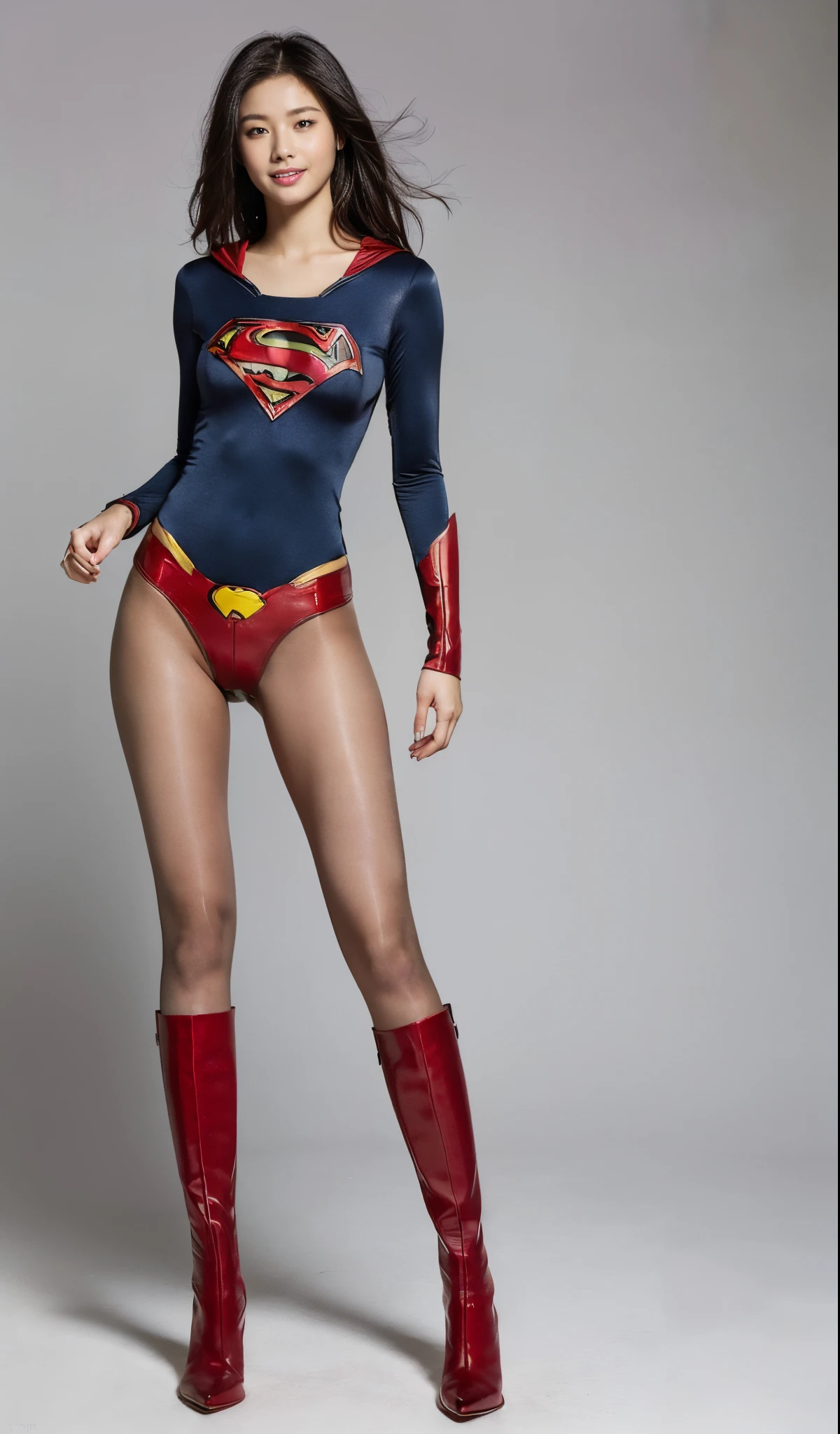 (((Wear black tights on your beautiful legs.)))、(((Grow legs、tall、Legally express the beauty of your smile)))、((((Make the most of the original image)))、(((Supergirl Costume)))、(((beautiful hairl)))、(((Suffering)))、(((Feet must necessarily be worn with black tights)))、(((You need to wear red boots)))、((Top image quality、8K))、((top-quality、8K、​masterpiece:1.3))、(((Keep Background )))、Crisp focus:1.2、Beautiful woman with perfect body shape:1.4、Slender Abs:1.2、a wet body:1.5、Highly detailed facial and skin texture、8K