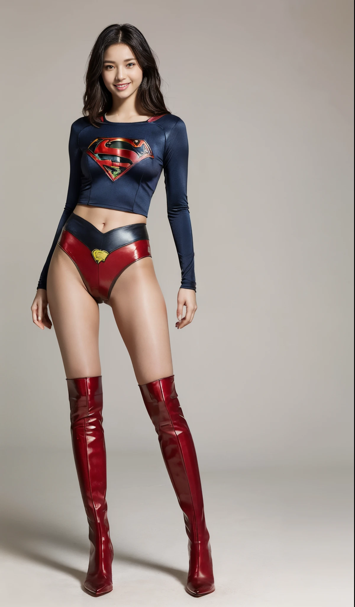 (((Wear black tights on your beautiful legs.)))、(((Grow legs、tall、Legally express the beauty of your smile)))、((((Make the most of the original image)))、(((Supergirl Costume)))、(((beautiful hairl)))、(((Suffering)))、(((Feet must necessarily be worn with black tights)))、(((You need to wear red boots)))、((Top image quality、8K))、((top-quality、8K、masterpiece:1.3))、(((Keep Background )))、Crisp focus:1.2、Beautiful woman with perfect body shape:1.4、Slender Abs:1.2、a wet body:1.5、Highly detailed facial and skin texture、8K