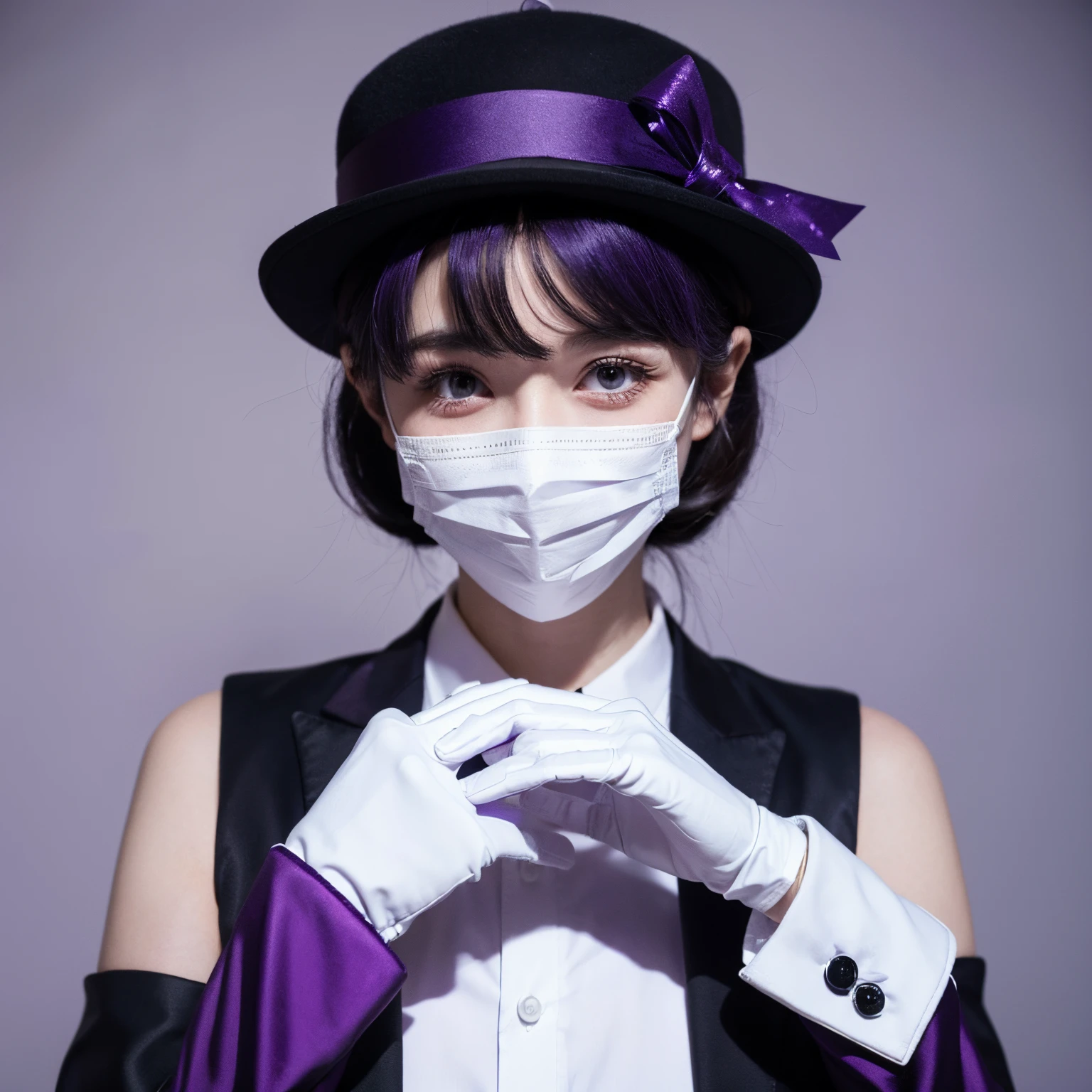 darkness all around,With purple bowler hat,Purple attire,Wearing a white mask without a pattern,Hands with white gloves,At the same time, it also appears that the joints are clearly defined,Put your hands together to support your head,White mask pointed at the camera