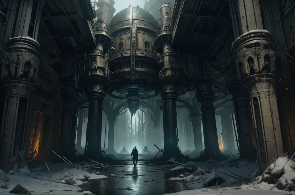 medieval sci-fi,high-stakes,mysterious world,dark and gritty,advanced technology,castle in ruins,broken machinery,crumbling walls,overgrown vegetation,mist-filled air,intense atmosphere,ancient artifacts hidden,otherworldly creatures lurking,corroded metal structures,dying sun,blue-hued sky,glowing symbols etched,interdimensional portal,energy crackling,hooded figures,medieval knights with cybernetic enhancements,enchanted weapons,powerful sorcery,secret society,epic battle scene,ominous presence,unfathomable power(best quality,4k,8k,highres,masterpiece:1.2),ultra-detailed,photorealistic,HDR,studio lighting,professional,vivid colors.