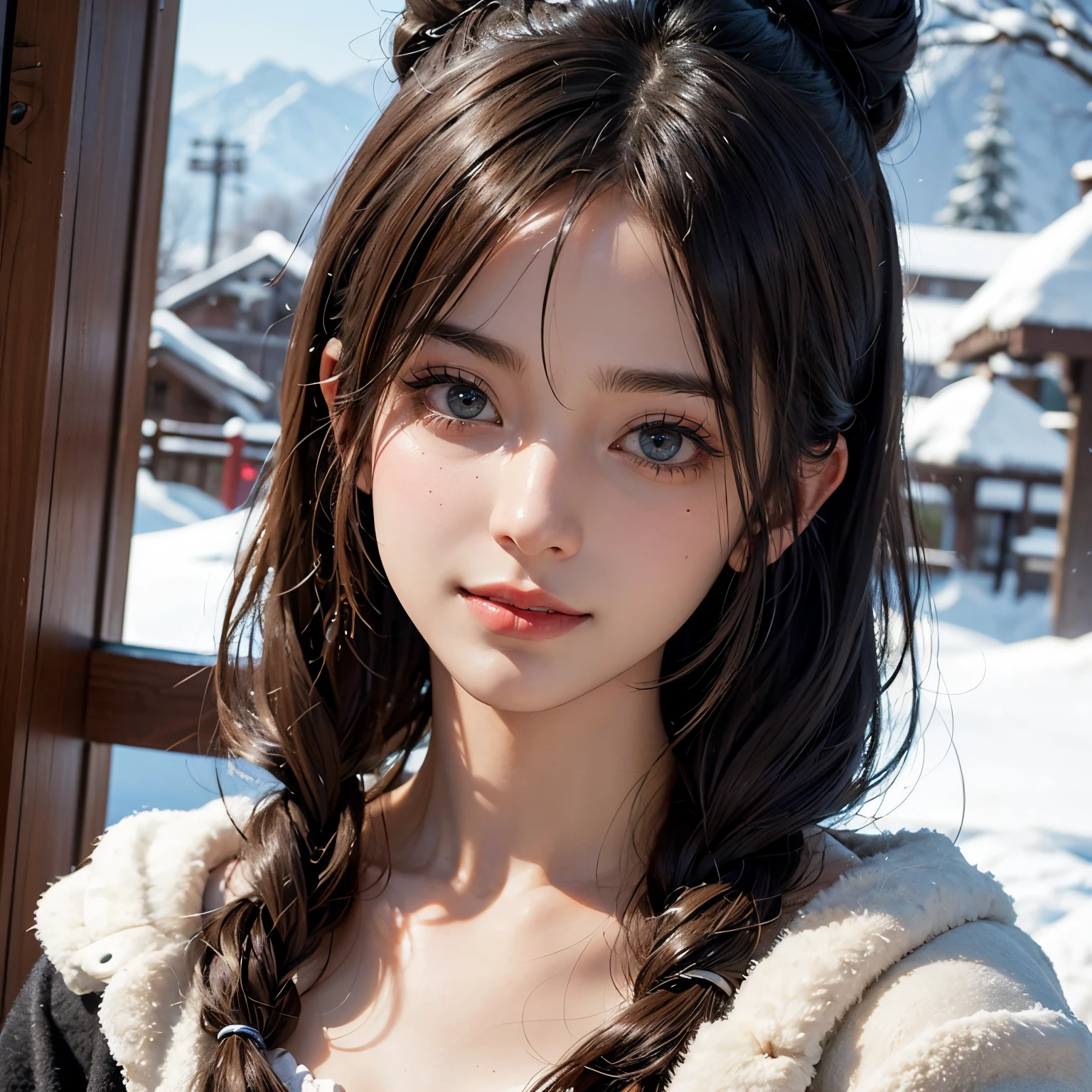 (A hyper-realistic,hight resolution, ighly detailed:1.2), (8K), (beatiful detailed eyes, A detailed face:1.2), (top-quality), (ultra-detailliert), (( masterpiece)), A beautiful woman taking an open-air bath while looking at the majestic snow-covered mountains,snowscape,(ighly detailed), (beatiful detailed eyes), (A detailed face), selfie, face focus、softfocus, beautiful woman , ((solo)), Colossal tits、Japanese, Enchanted expression and smile