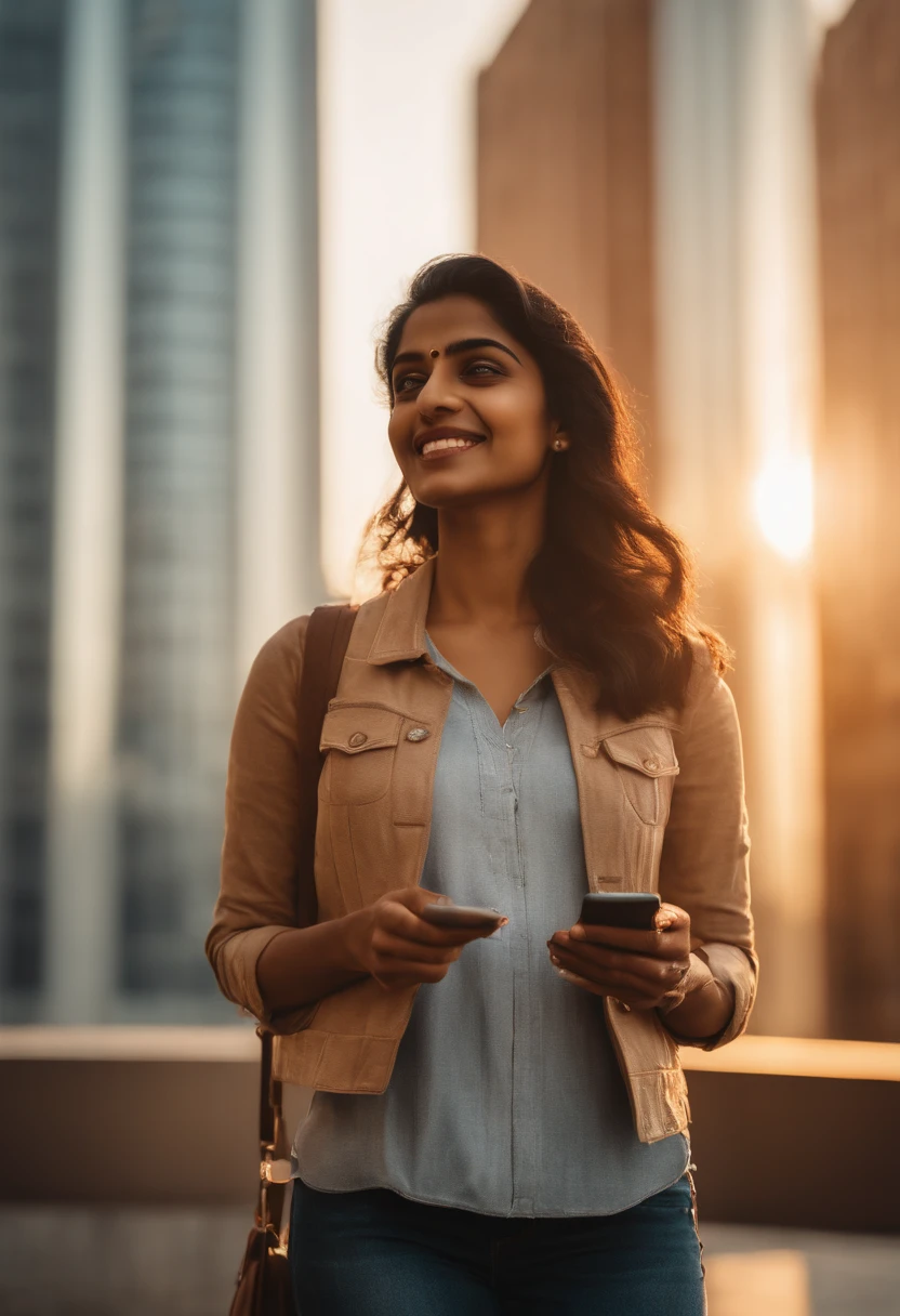A high-resolution image capturing a young Indian woman with a mobile phone, standing against a vibrant city skyline, with the sunlight casting a warm glow on her face and the modern architecture in the background.