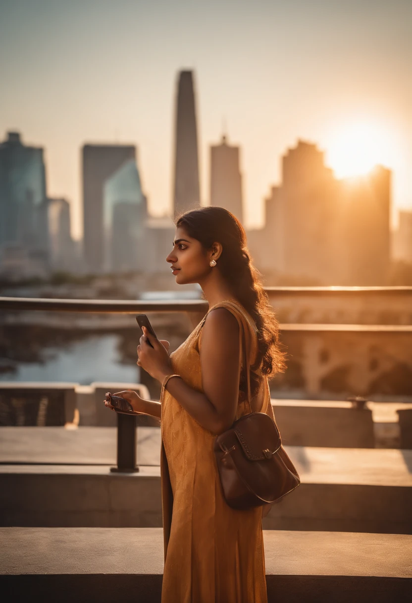 A high-resolution image capturing a young Indian woman with a mobile phone, standing against a vibrant city skyline, with the sunlight casting a warm glow on her face and the modern architecture in the background.