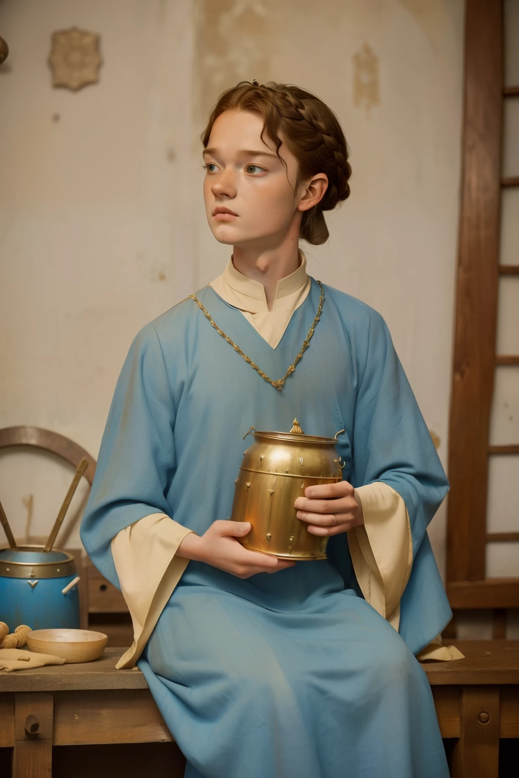 1136, Earlcastle, England. otherworldly scene in a clastle outside patio, ((((15-year-old)) Levi Miller)), drinking from a wooden jar, knocking back a drink, ((((poor plain tunic from the 12th century)))), ((Hairstyle of the 12th century)), ((Wes Anderson cinematic style)), colorful