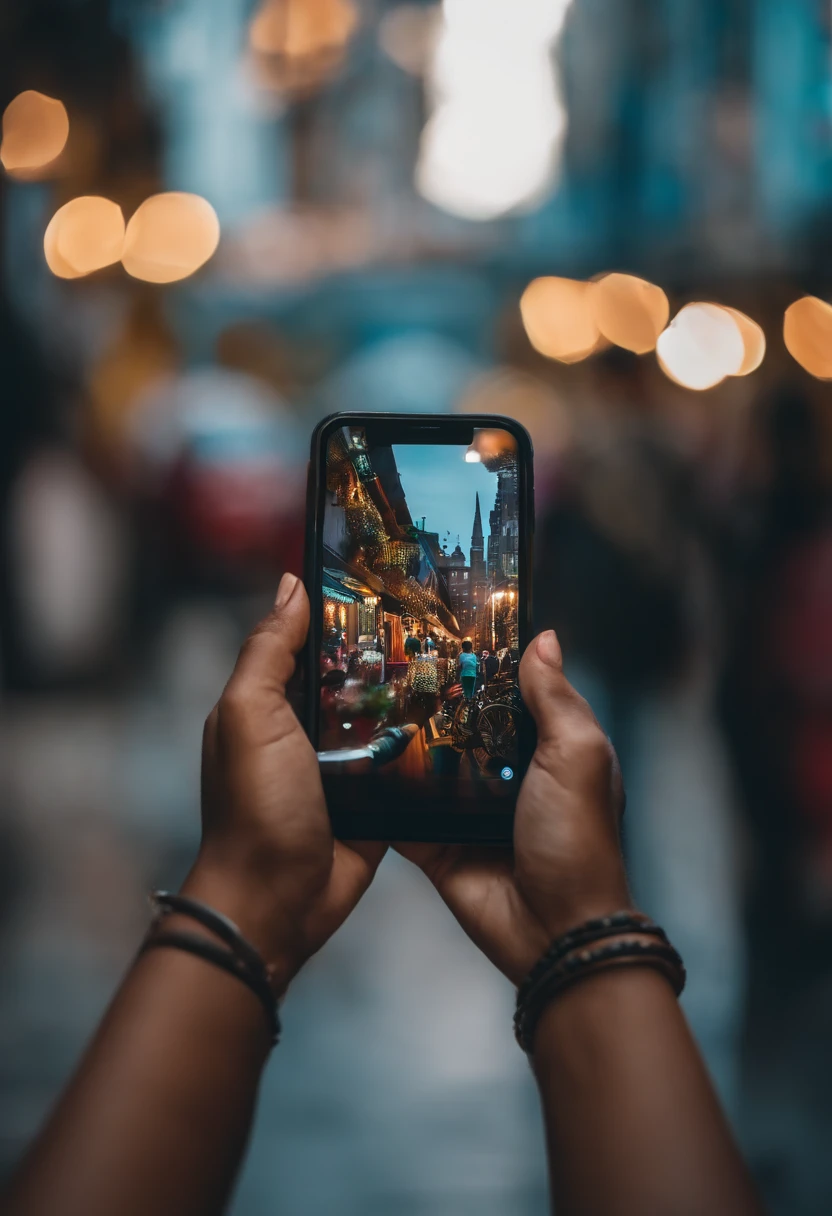 An aesthetic wallpaper featuring a close-up of the young Indian woman’s hands holding a mobile phone, with colorful street art and bustling city life as the backdrop, representing the fusion of technology and culture.