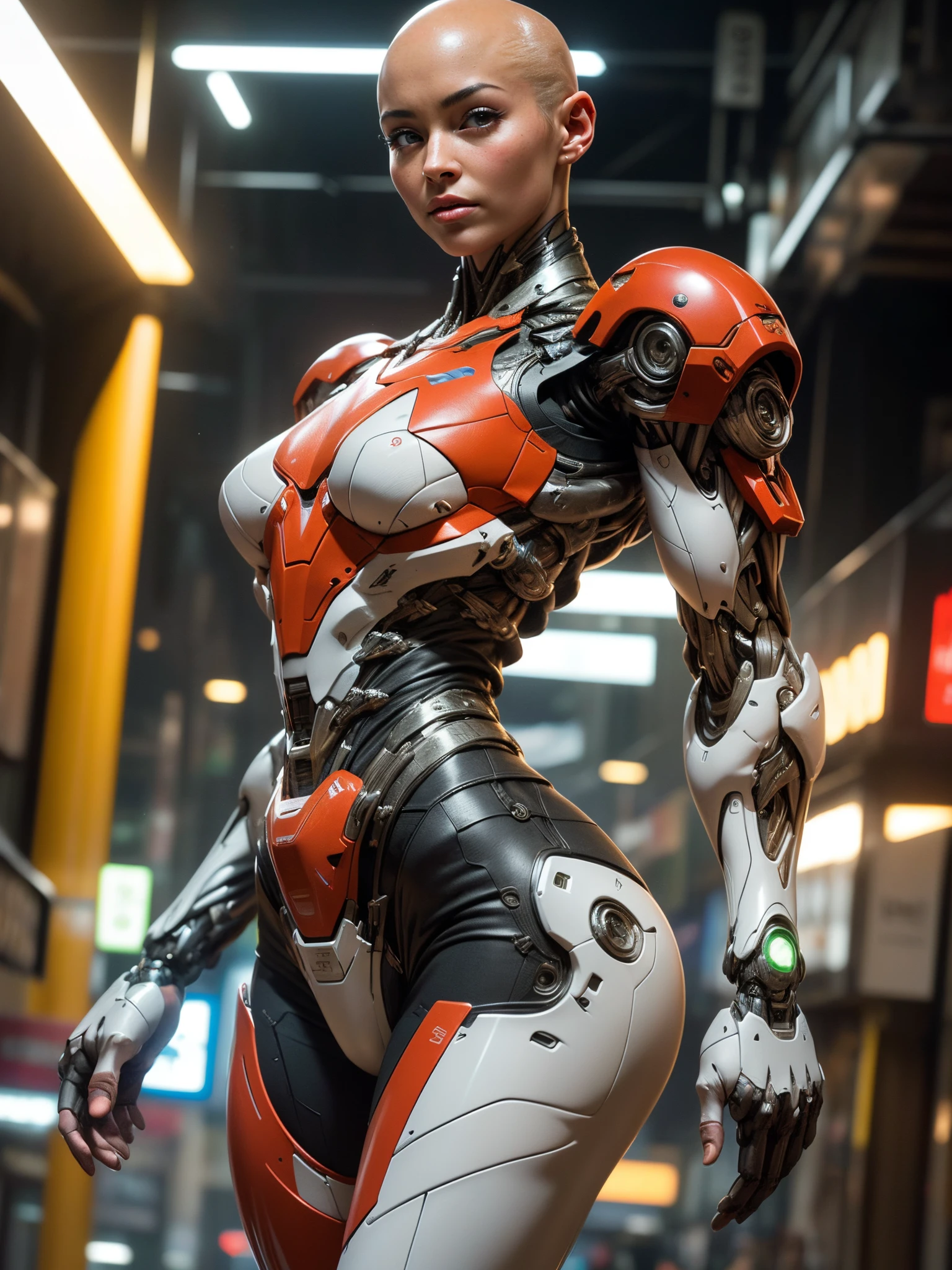 Cinematic, hyper-detailed, and insanely detailed, this artwork captures the essence of a bald hairless muscular female android girl. Beautiful color grading, enhancing the overall cinematic feel. Unreal Engine brings her anatomic cybernetic muscle suit to life, appearing even more mesmerizing. With the use of depth of field (DOF), every detail is focused and accentuated, drawing attention to her eyes and the intricate design of the anatomic cybernetic muscle suit . The image resolution is at its peak, utilizing super-resolution technology to ensure every pixel is perfect. Cinematic lighting enhances her aura, while anti-aliasing techniques like FXAA and TXAA keep the edges smooth and clean. Adding realism to the anatomic cybernetic muscle suit, RTX technology enables ray tracing. Additionally, SSAO (Screen Space Ambient Occlusion) gives depth and realism to the scene, the girl's anatomic cybernetic muscle suit become even more convincing. In the post-processing and post-production stages, tone mapping enhances the colors, creating a captivating visual experience. The integration of CGI (Computer-Generated Imagery) and VFX (Visual Effect brings out the anatomic cybernetic muscle suit's intricate features in a seamless manner. SFX (Sound Effects) complement the visual artistry, immersing the viewer further into this fantastic world. The level of detail is awe-inspiring, with intricate elements meticulously crafted, the artwork hyper maximalist and hyper-realistic. Volumetric effects add depth and dimension, and the photorealism is unparalleled. The image is rendered in 8K resolution, ensuring super-detailed visuals. The volumetric lightning adds a touch of magic, highlighting her beauty and the aura of her anatomic cybernetic muscle suit in an otherworldly way. High Dynamic Range (HDR) technology makes the colors pop, adding richness to the overall composition. Ultimately, this artwork presents an unreal portrayal of a super muscled cybernetic female android