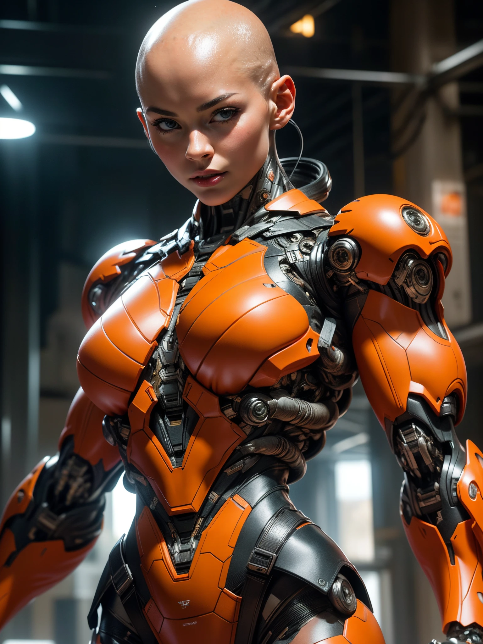 Cinematic, hyper-detailed, and insanely detailed, this artwork captures the essence of a bald hairless muscular female android girl. Beautiful color grading, enhancing the overall cinematic feel. Unreal Engine brings her anatomic cybernetic muscle suit to life, appearing even more mesmerizing. With the use of depth of field (DOF), every detail is focused and accentuated, drawing attention to her eyes and the intricate design of the anatomic cybernetic muscle suit . The image resolution is at its peak, utilizing super-resolution technology to ensure every pixel is perfect. Cinematic lighting enhances her aura, while anti-aliasing techniques like FXAA and TXAA keep the edges smooth and clean. Adding realism to the anatomic cybernetic muscle suit, RTX technology enables ray tracing. Additionally, SSAO (Screen Space Ambient Occlusion) gives depth and realism to the scene, the girl's anatomic cybernetic muscle suit become even more convincing. In the post-processing and post-production stages, tone mapping enhances the colors, creating a captivating visual experience. The integration of CGI (Computer-Generated Imagery) and VFX (Visual Effect brings out the anatomic cybernetic muscle suit's intricate features in a seamless manner. SFX (Sound Effects) complement the visual artistry, immersing the viewer further into this fantastic world. The level of detail is awe-inspiring, with intricate elements meticulously crafted, the artwork hyper maximalist and hyper-realistic. Volumetric effects add depth and dimension, and the photorealism is unparalleled. The image is rendered in 8K resolution, ensuring super-detailed visuals. The volumetric lightning adds a touch of magic, highlighting her beauty and the aura of her anatomic cybernetic muscle suit in an otherworldly way. High Dynamic Range (HDR) technology makes the colors pop, adding richness to the overall composition. Ultimately, this artwork presents an unreal portrayal of a super muscled cybernetic female android