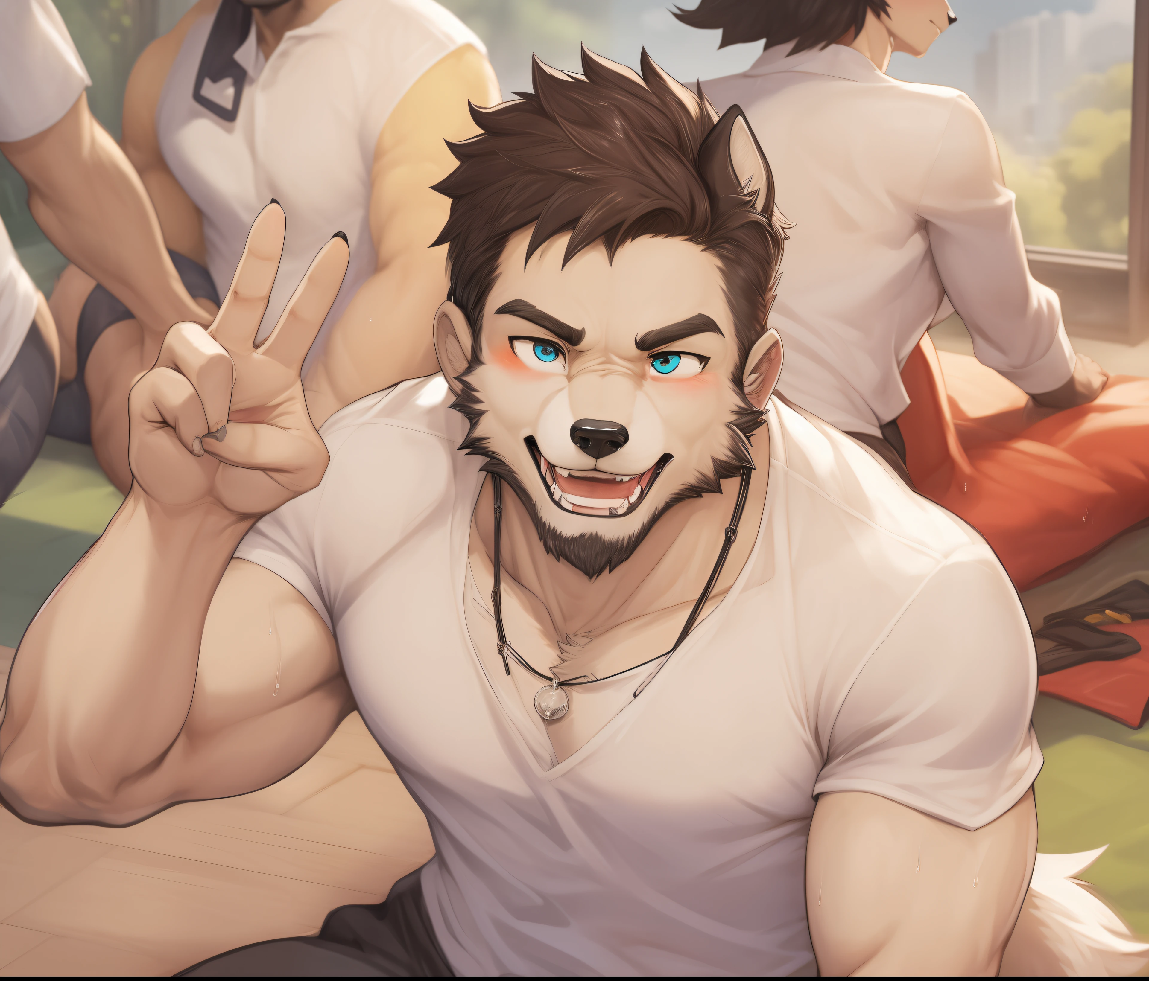 Fit, male, huge , 8k, bedroom, wolf tail, wolf ears, black ponytail, solo, detailed, rendered, smirking,horny face,transparent wet shirt, soak white shirt, raise two finger pose, joy ful, sexy