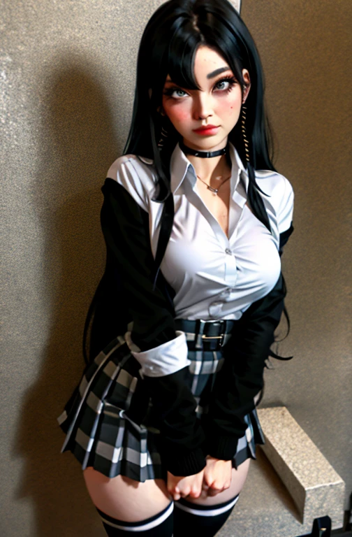 (full figure:1.1), 1 girl as yukino yukinoshita, absurdres, highres, solo, school uniform, , waist long black hair, (twintails:0.5), miniskirt, (black thighhigh socks:1.1), loose red ribbon, unbuttoned white shirt, (ahegao:1.2), (rolling eyes:1.2)