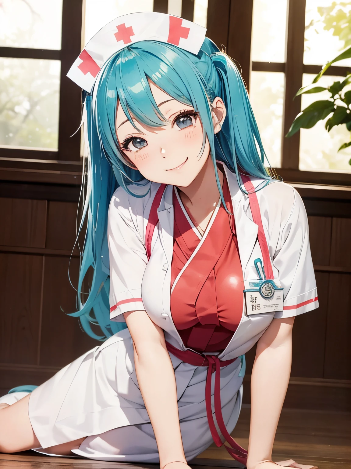 masutepiece, Best Quality, hight resolution,miku hatsune,10yaers old,(Hashikuji Temple Mayoi),Look at me and smile,((Meiji period~Showa era nurse)),(retro nursing uniform),mentholatum,Beautiful breasts